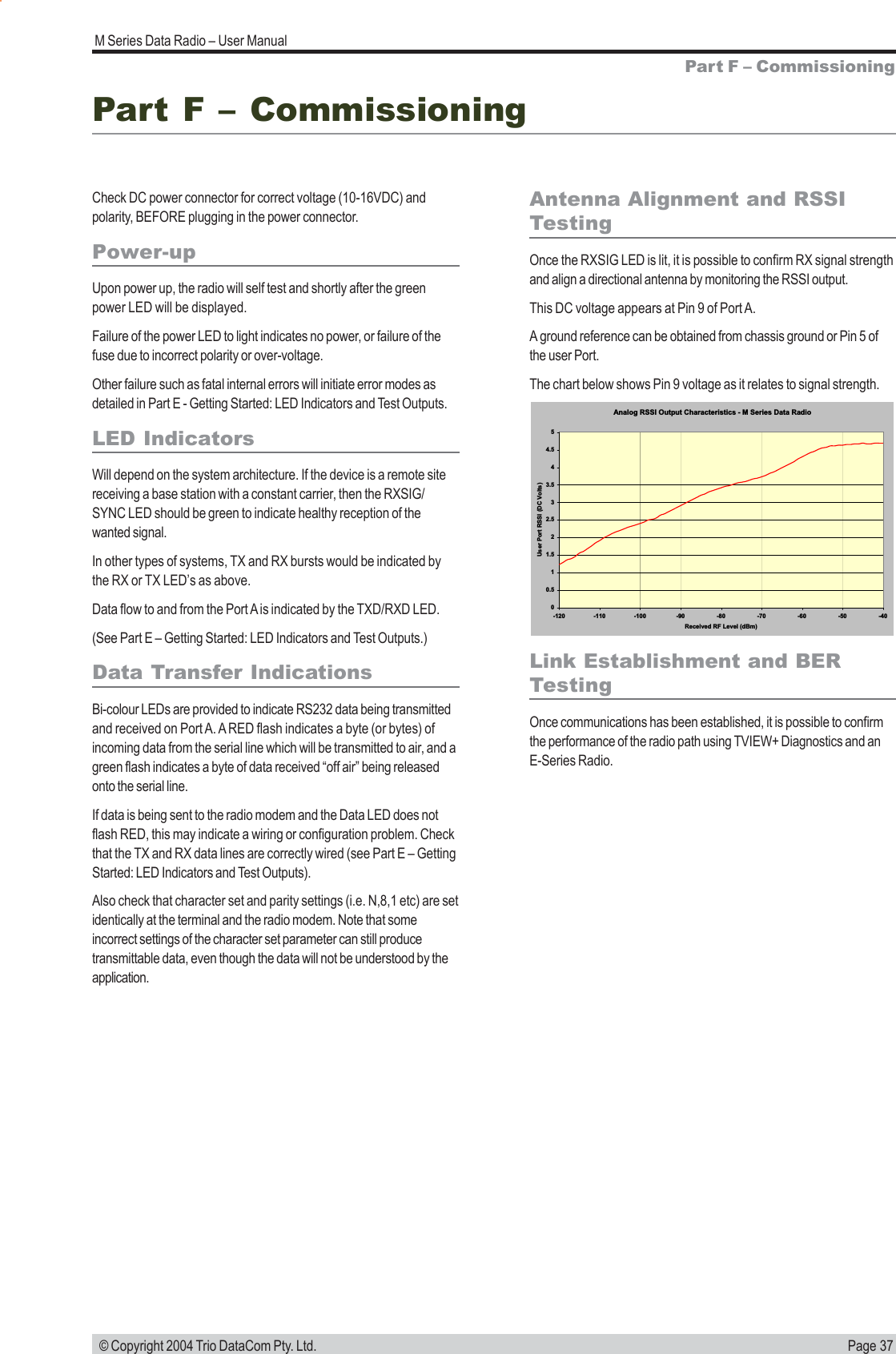 Page 37M Series Data Radio &ndash; User Manual &copy; Copyright 2004 Trio DataCom Pty. Ltd.Part F &ndash; CommissioningCheck DC power connector for correct voltage (10-16VDC) andpolarity, BEFORE plugging in the power connector.Power-upUpon power up, the radio will self test and shortly after the greenpower LED will be displayed.Failure of the power LED to light indicates no power, or failure of thefuse due to incorrect polarity or over-voltage.Other failure such as fatal internal errors will initiate error modes asdetailed in Part E - Getting Started: LED Indicators and Test Outputs.LED IndicatorsWill depend on the system architecture. If the device is a remote sitereceiving a base station with a constant carrier, then the RXSIG/SYNC LED should be green to indicate healthy reception of thewanted signal.In other types of systems, TX and RX bursts would be indicated bythe RX or TX LED&rsquo;s as above.Data flow to and from the Port A is indicated by the TXD/RXD LED.(See Part E &ndash; Getting Started: LED Indicators and Test Outputs.)Data Transfer IndicationsBi-colour LEDs are provided to indicate RS232 data being transmittedand received on Port A. A RED flash indicates a byte (or bytes) ofincoming data from the serial line which will be transmitted to air, and agreen flash indicates a byte of data received &ldquo;off air&rdquo; being releasedonto the serial line.If data is being sent to the radio modem and the Data LED does notflash RED, this may indicate a wiring or configuration problem. Checkthat the TX and RX data lines are correctly wired (see Part E &ndash; GettingStarted: LED Indicators and Test Outputs).Also check that character set and parity settings (i.e. N,8,1 etc) are setidentically at the terminal and the radio modem. Note that someincorrect settings of the character set parameter can still producetransmittable data, even though the data will not be understood by theapplication.Antenna Alignment and RSSITestingOnce the RXSIG LED is lit, it is possible to confirm RX signal strengthand align a directional antenna by monitoring the RSSI output.This DC voltage appears at Pin 9 of Port A.A ground reference can be obtained from chassis ground or Pin 5 ofthe user Port.The chart below shows Pin 9 voltage as it relates to signal strength.Part F &ndash; CommissioningLink Establishment and BERTestingOnce communications has been established, it is possible to confirmthe performance of the radio path using TVIEW+ Diagnostics and anE-Series Radio.Analog RSSI Output Characteristics - M Series Data Radio00.511.522.533.544.55-120 -110 -100 -90 -80 -70 -60 -50 -40Received RF Level (dBm)User Port RSSl (DC Volts)
