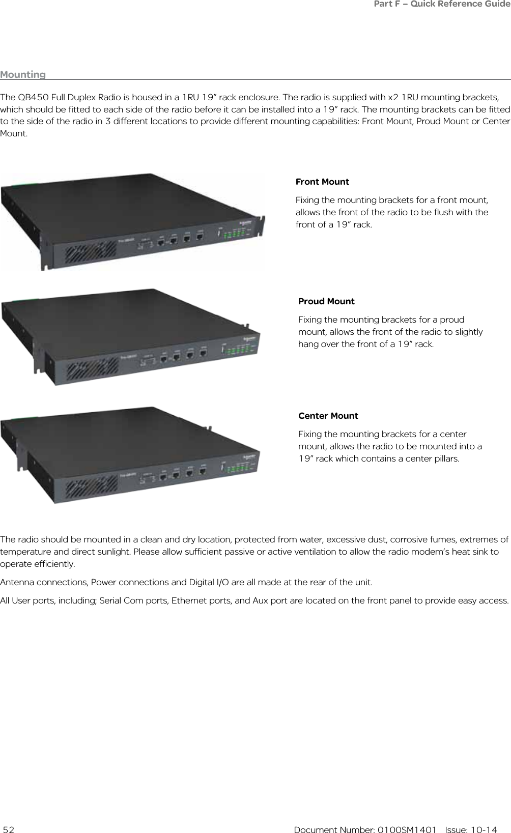  52  Document Number: 0100SM1401   Issue: 10-14Part F – Quick Reference GuideMountingThe QB450 Full Duplex Radio is housed in a 1RU 19” rack enclosure. The radio is supplied with x2 1RU mounting brackets, which should be fitted to each side of the radio before it can be installed into a 19” rack. The mounting brackets can be fitted to the side of the radio in 3 different locations to provide different mounting capabilities: Front Mount, Proud Mount or Center Mount.The radio should be mounted in a clean and dry location, protected from water, excessive dust, corrosive fumes, extremes of temperature and direct sunlight. Please allow sufficient passive or active ventilation to allow the radio modem’s heat sink to operate efficiently.Antenna connections, Power connections and Digital I/O are all made at the rear of the unit. All User ports, including; Serial Com ports, Ethernet ports, and Aux port are located on the front panel to provide easy access.Front MountFixing the mounting brackets for a front mount, allows the front of the radio to be flush with the front of a 19” rack.Proud MountFixing the mounting brackets for a proud mount, allows the front of the radio to slightly hang over the front of a 19” rack.Center MountFixing the mounting brackets for a center mount, allows the radio to be mounted into a 19” rack which contains a center pillars.