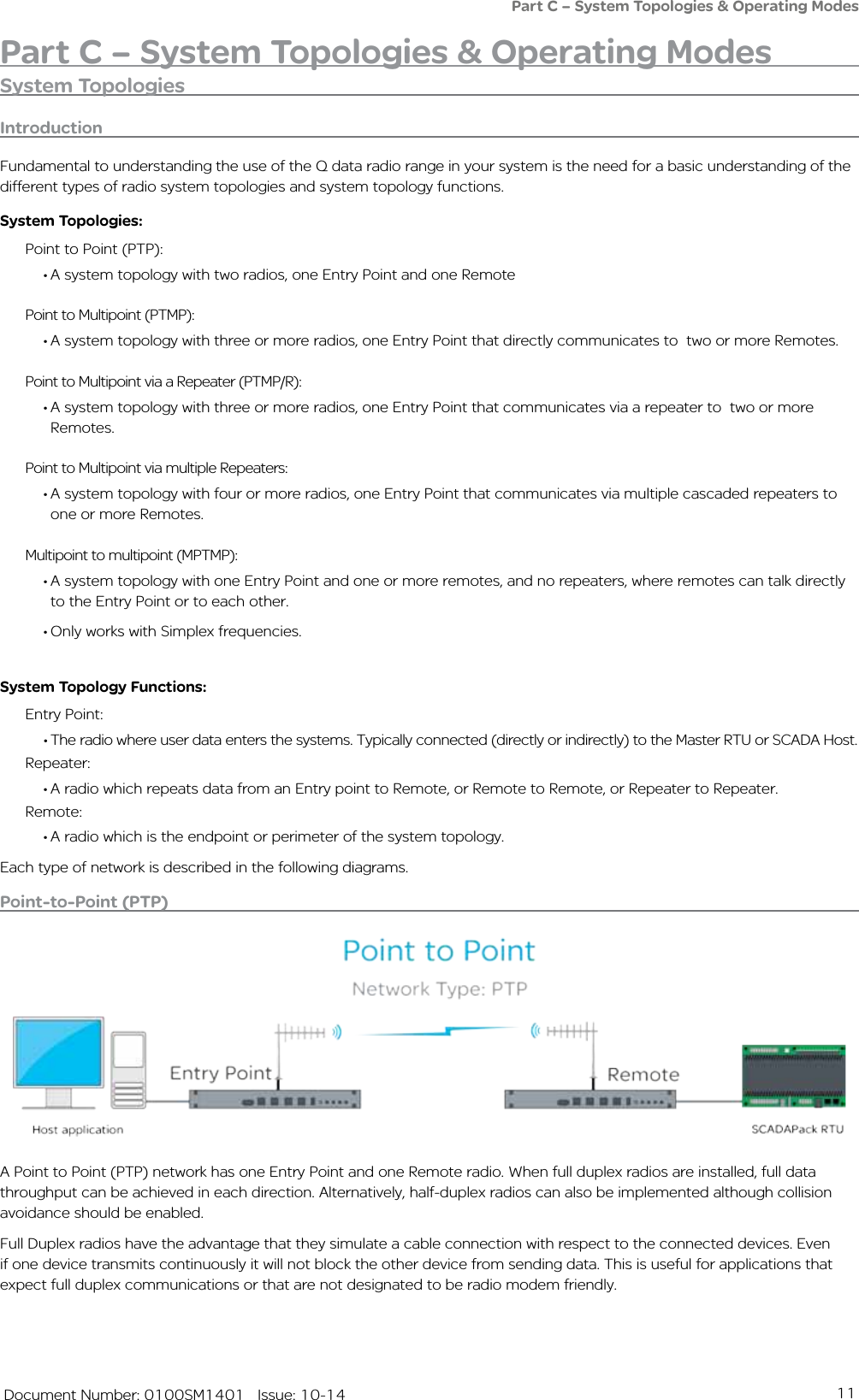 11   Document Number: 0100SM1401   Issue: 10-14Part C – System Topologies &amp; Operating ModesPart C – System Topologies &amp; Operating ModesSystem TopologiesIntroduction Fundamental to understanding the use of the Q data radio range in your system is the need for a basic understanding of the different types of radio system topologies and system topology functions.System Topologies:Point to Point (PTP): •A system topology with two radios, one Entry Point and one RemotePoint to Multipoint (PTMP):•A system topology with three or more radios, one Entry Point that directly communicates to  two or more Remotes.Point to Multipoint via a Repeater (PTMP/R): •A system topology with three or more radios, one Entry Point that communicates via a repeater to  two or more Remotes.Point to Multipoint via multiple Repeaters:•A system topology with four or more radios, one Entry Point that communicates via multiple cascaded repeaters to one or more Remotes.Multipoint to multipoint (MPTMP):•A system topology with one Entry Point and one or more remotes, and no repeaters, where remotes can talk directly to the Entry Point or to each other. •Only works with Simplex frequencies.System Topology Functions:Entry Point:•The radio where user data enters the systems. Typically connected (directly or indirectly) to the Master RTU or SCADA Host.Repeater:•A radio which repeats data from an Entry point to Remote, or Remote to Remote, or Repeater to Repeater. Remote:•A radio which is the endpoint or perimeter of the system topology. Each type of network is described in the following diagrams. Point-to-Point (PTP)A Point to Point (PTP) network has one Entry Point and one Remote radio. When full duplex radios are installed, full data throughput can be achieved in each direction. Alternatively, half-duplex radios can also be implemented although collision avoidance should be enabled.Full Duplex radios have the advantage that they simulate a cable connection with respect to the connected devices. Even if one device transmits continuously it will not block the other device from sending data. This is useful for applications that expect full duplex communications or that are not designated to be radio modem friendly.