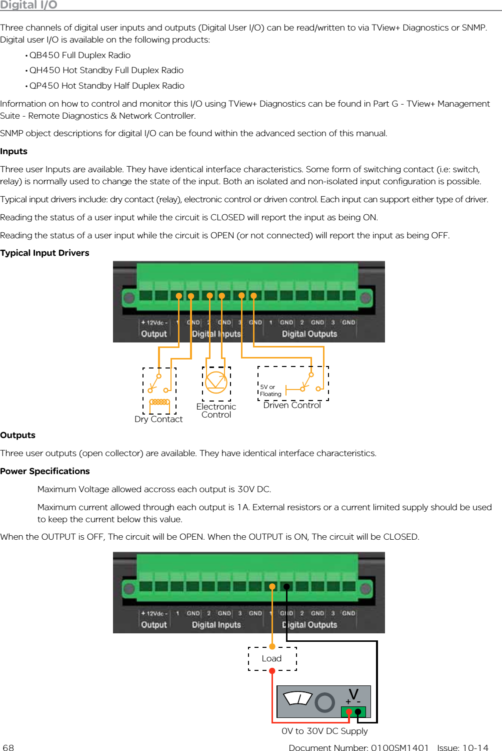  68  Document Number: 0100SM1401   Issue: 10-14Digital I/OThree channels of digital user inputs and outputs (Digital User I/O) can be read/written to via TView+ Diagnostics or SNMP. Digital user I/O is available on the following products:•QB450 Full Duplex Radio•QH450 Hot Standby Full Duplex Radio•QP450 Hot Standby Half Duplex RadioInformation on how to control and monitor this I/O using TView+ Diagnostics can be found in Part G - TView+ Management Suite - Remote Diagnostics &amp; Network Controller. SNMP object descriptions for digital I/O can be found within the advanced section of this manual.InputsThree user Inputs are available. They have identical interface characteristics. Some form of switching contact (i.e: switch, relay) is normally used to change the state of the input. Both an isolated and non-isolated input configuration is possible.Typical input drivers include: dry contact (relay), electronic control or driven control. Each input can support either type of driver.Reading the status of a user input while the circuit is CLOSED will report the input as being ON. Reading the status of a user input while the circuit is OPEN (or not connected) will report the input as being OFF. Typical Input DriversOutputsThree user outputs (open collector) are available. They have identical interface characteristics. Power Specifications  Maximum Voltage allowed accross each output is 30V DC.  Maximum current allowed through each output is 1A. External resistors or a current limited supply should be used    to keep the current below this value.When the OUTPUT is OFF, The circuit will be OPEN. When the OUTPUT is ON, The circuit will be CLOSED.Dry ContactElectronic Control5V or FloatingDriven ControlLoad0V to 30V DC SupplyV+  -