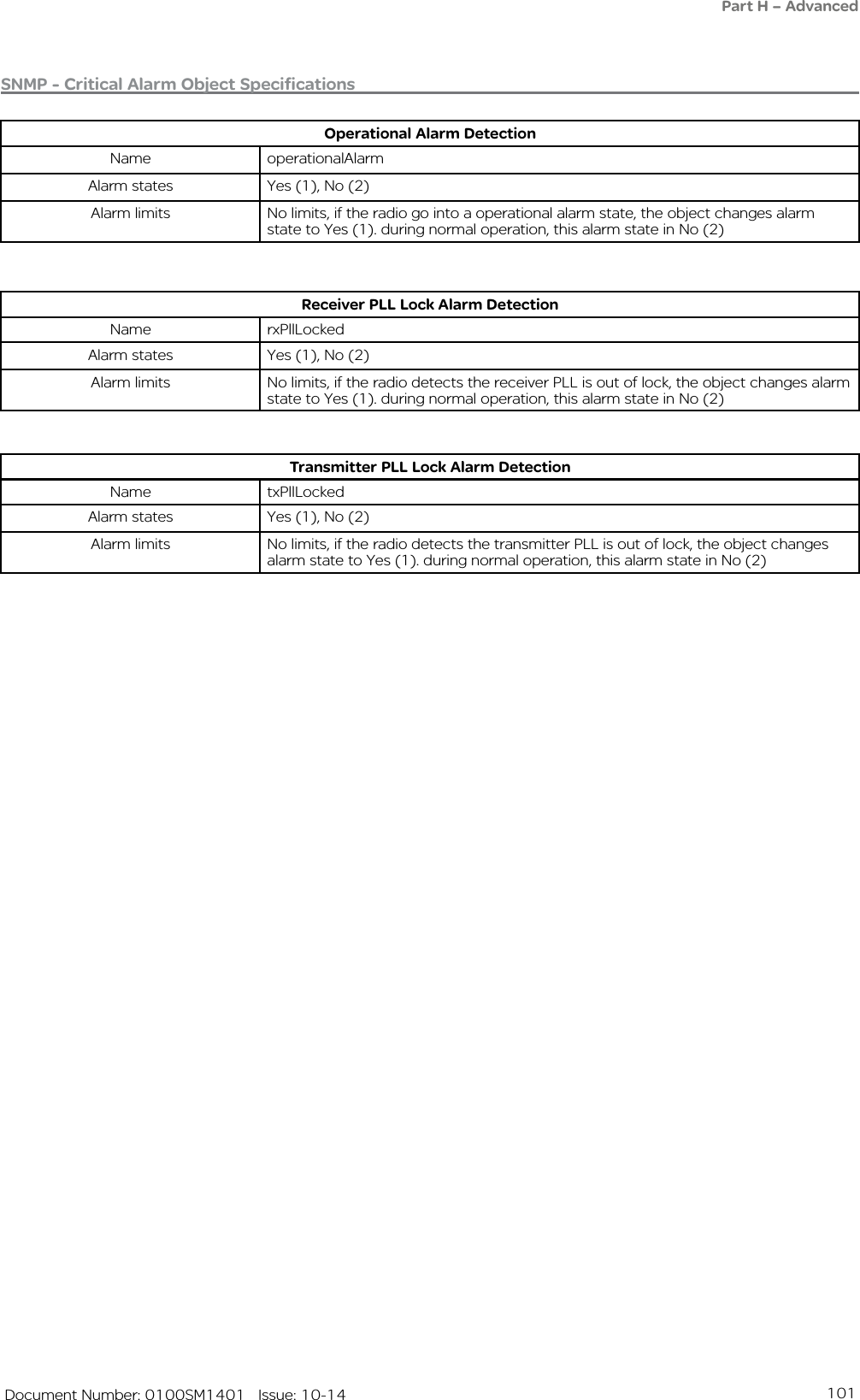 101   Document Number: 0100SM1401   Issue: 10-14Operational Alarm DetectionName operationalAlarmAlarm states Yes (1), No (2)Alarm limits No limits, if the radio go into a operational alarm state, the object changes alarm state to Yes (1). during normal operation, this alarm state in No (2)Receiver PLL Lock Alarm DetectionName rxPllLockedAlarm states Yes (1), No (2)Alarm limits No limits, if the radio detects the receiver PLL is out of lock, the object changes alarm state to Yes (1). during normal operation, this alarm state in No (2)Transmitter PLL Lock Alarm DetectionName txPllLockedAlarm states Yes (1), No (2)Alarm limits No limits, if the radio detects the transmitter PLL is out of lock, the object changes alarm state to Yes (1). during normal operation, this alarm state in No (2)SNMP - Critical Alarm Object SpecificationsPart H – Advanced