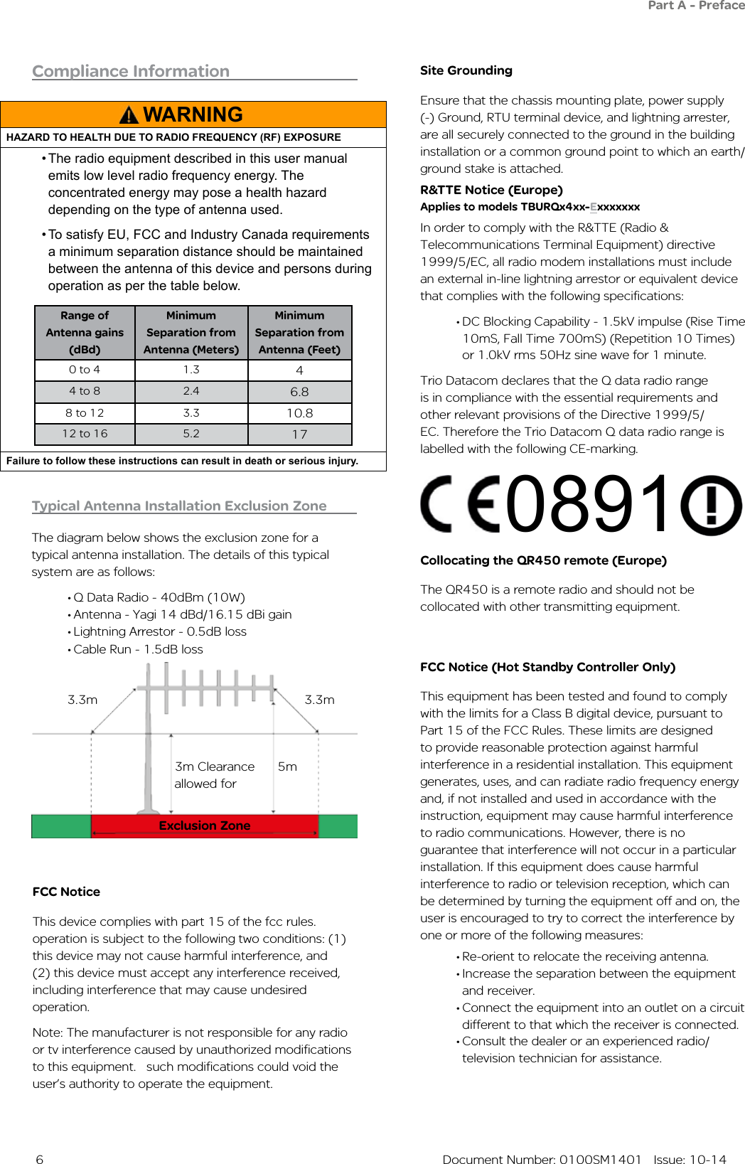  6  Document Number: 0100SM1401   Issue: 10-14WARNINGHAZARD TO HEALTH DUE TO RADIO FREQUENCY (RF) EXPOSURE•The radio equipment described in this user manual emits low level radio frequency energy. The concentrated energy may pose a health hazard depending on the type of antenna used. •To satisfy EU, FCC and Industry Canada requirements a minimum separation distance should be maintained between the antenna of this device and persons during operation as per the table below.Range of Antenna gains (dBd)Minimum Separation from Antenna (Meters)Minimum Separation from Antenna (Feet)0 to 4 1.3 44 to 8 2.4 6.88 to 12 3.3 10.812 to 16 5.2 17Failure to follow these instructions can result in death or serious injury.Part A - PrefaceSite GroundingEnsure that the chassis mounting plate, power supply (-) Ground, RTU terminal device, and lightning arrester, are all securely connected to the ground in the building installation or a common ground point to which an earth/ground stake is attached. R&amp;TTE Notice (Europe) Applies to models TBURQx4xx-ExxxxxxxIn order to comply with the R&amp;TTE (Radio &amp; Telecommunications Terminal Equipment) directive 1999/5/EC, all radio modem installations must include an external in-line lightning arrestor or equivalent device that complies with the following specifications: •DC Blocking Capability - 1.5kV impulse (Rise Time 10mS, Fall Time 700mS) (Repetition 10 Times) or 1.0kV rms 50Hz sine wave for 1 minute.Trio Datacom declares that the Q data radio range is in compliance with the essential requirements and other relevant provisions of the Directive 1999/5/EC. Therefore the Trio Datacom Q data radio range is labelled with the following CE-marking.FCC Notice (Hot Standby Controller Only)This equipment has been tested and found to comply with the limits for a Class B digital device, pursuant to Part 15 of the FCC Rules. These limits are designed to provide reasonable protection against harmful interference in a residential installation. This equipment generates, uses, and can radiate radio frequency energy and, if not installed and used in accordance with the instruction, equipment may cause harmful interference to radio communications. However, there is no guarantee that interference will not occur in a particular installation. If this equipment does cause harmful interference to radio or television reception, which can be determined by turning the equipment off and on, the user is encouraged to try to correct the interference by one or more of the following measures:•Re-orient to relocate the receiving antenna.•Increase the separation between the equipment and receiver.•Connect the equipment into an outlet on a circuit different to that which the receiver is connected.•Consult the dealer or an experienced radio/television technician for assistance.Compliance InformationExclusion Zone3m Clearance allowed for5m3.3m3.3mTypical Antenna Installation Exclusion ZoneThe diagram below shows the exclusion zone for a typical antenna installation. The details of this typical system are as follows:•Q Data Radio - 40dBm (10W)•Antenna - Yagi 14 dBd/16.15 dBi gain•Lightning Arrestor - 0.5dB loss•Cable Run - 1.5dB loss0891Collocating the QR450 remote (Europe)The QR450 is a remote radio and should not be collocated with other transmitting equipment.FCC NoticeThis device complies with part 15 of the fcc rules. operation is subject to the following two conditions: (1) this device may not cause harmful interference, and (2) this device must accept any interference received, including interference that may cause undesired operation.Note: The manufacturer is not responsible for any radio or tv interference caused by unauthorized modifications to this equipment.   such modifications could void the user’s authority to operate the equipment.