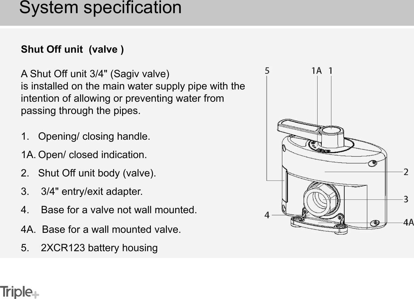 Shut Off unit  (valve )A Shut Off unit 3/4&quot; (Sagiv valve)is installed on the main water supply pipe with the intention of allowing or preventing water from passing through the pipes.System specification1. Opening/ closing handle.1A. Open/ closed indication.2.  Shut Off unit body (valve).3.    3/4&quot; entry/exit adapter.4.   Base for a valve not wall mounted.4A. Base for a wall mounted valve.5.    2XCR123 battery housing