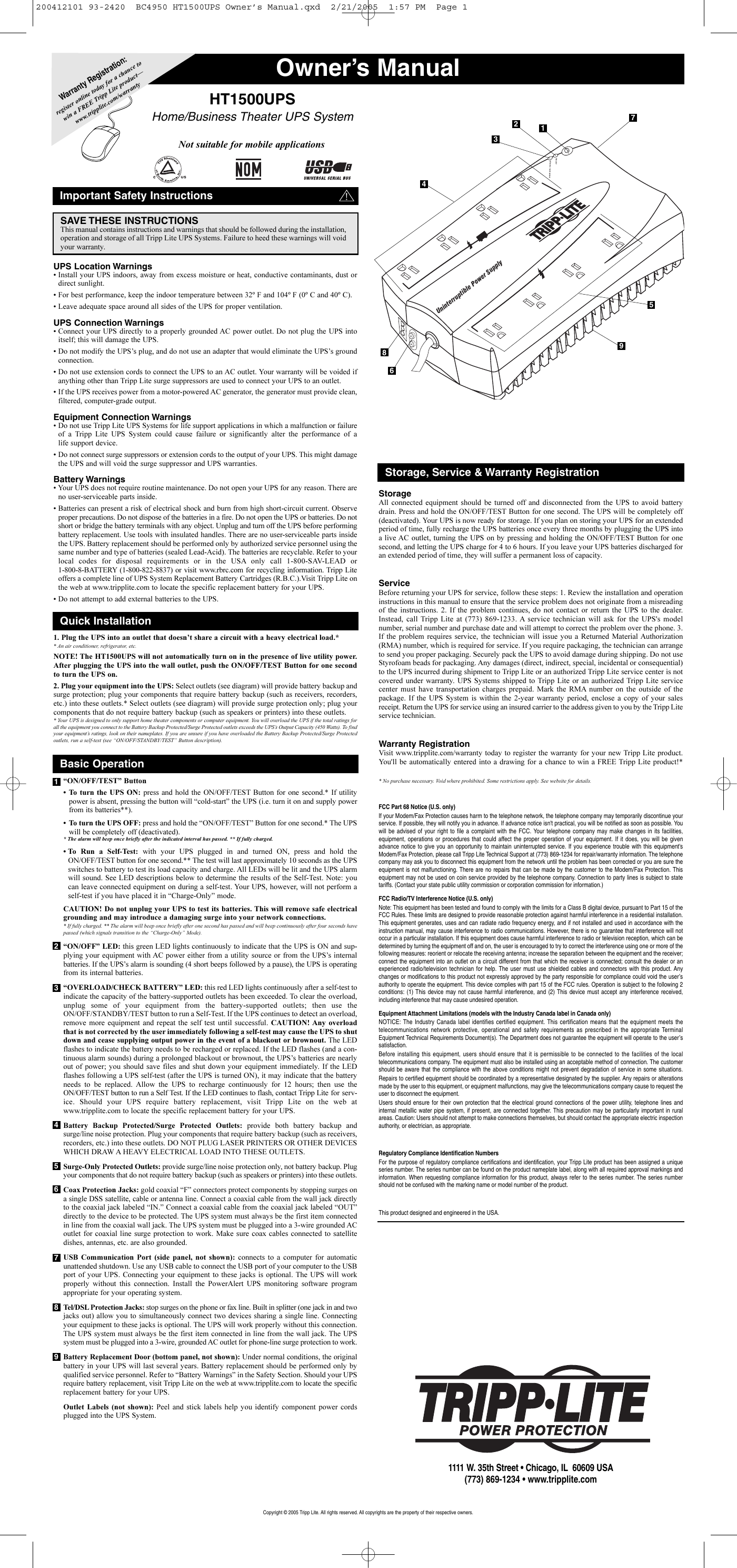 Page 1 of 2 - Tripp-Lite Tripp-Lite-Ht1500Ups-Users-Manual- 200412101 93-2420 BC4950 HT1500UPS Owner's Manual  Tripp-lite-ht1500ups-users-manual