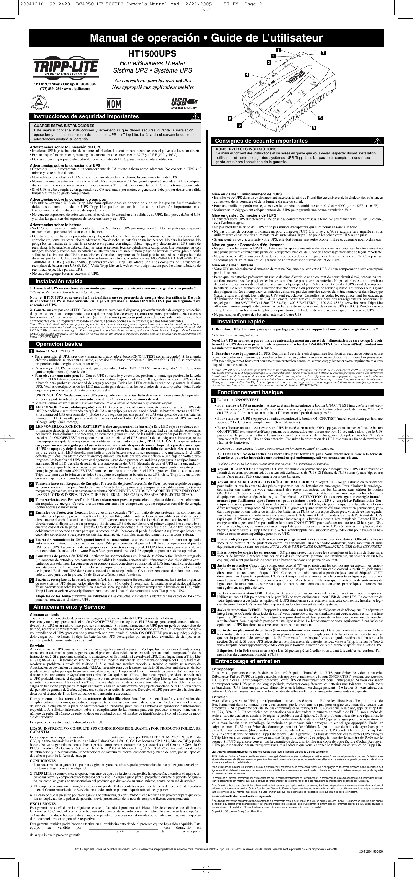 Page 2 of 2 - Tripp-Lite Tripp-Lite-Ht1500Ups-Users-Manual- 200412101 93-2420 BC4950 HT1500UPS Owner's Manual  Tripp-lite-ht1500ups-users-manual