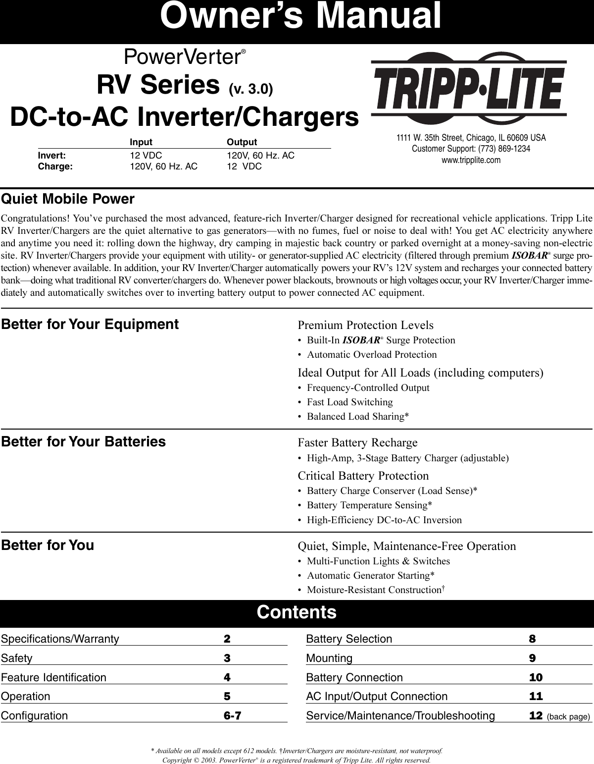 Page 1 of 12 - Tripp-Lite Tripp-Lite-Powerverter-200510095-Users-Manual- 200510095 93-2144 RV Inverter-Charger Owner's Manual Revision  Tripp-lite-powerverter-200510095-users-manual