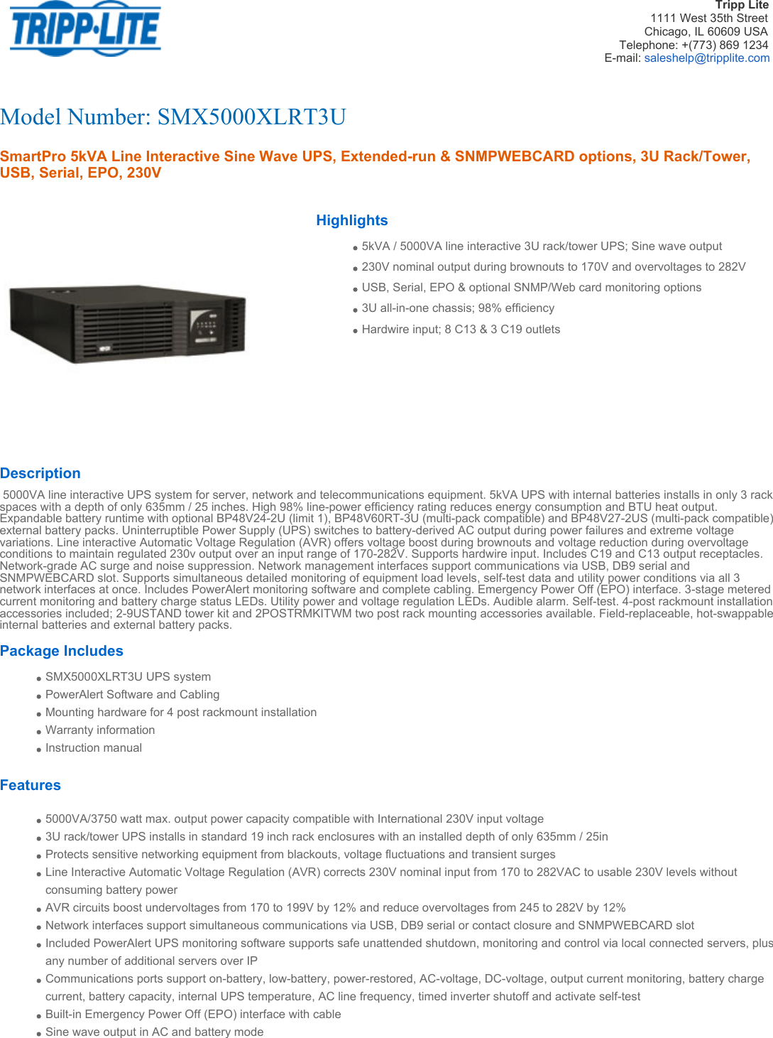 Page 1 of 5 - Tripp-Lite Tripp-Lite-Tripp-Lite-Power-Supply-Smx5000Xlrt3U-Users-Manual-  Tripp-lite-tripp-lite-power-supply-smx5000xlrt3u-users-manual