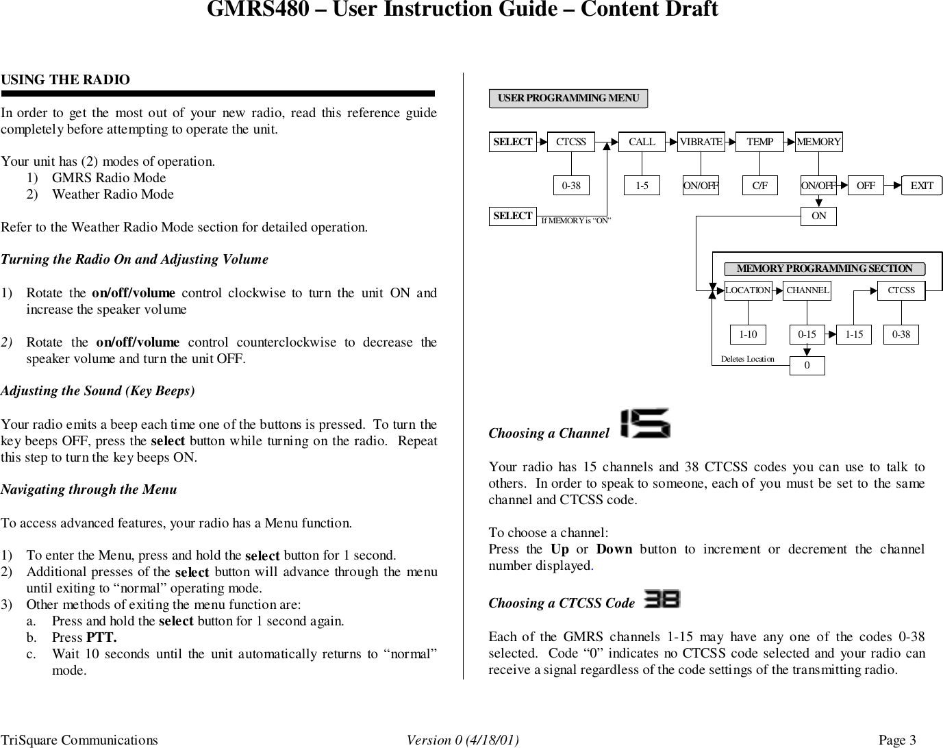 GMRS480 – User Instruction Guide – Content DraftTriSquare Communications Version 0 (4/18/01) Page 3USING THE RADIOIn order to get the most out of your new radio, read this reference guidecompletely before attempting to operate the unit.Your unit has (2) modes of operation.1) GMRS Radio Mode2) Weather Radio ModeRefer to the Weather Radio Mode section for detailed operation.Turning the Radio On and Adjusting Volume1) Rotate the on/off/volume control clockwise to turn the unit ON andincrease the speaker volume2) Rotate the on/off/volume control counterclockwise to decrease thespeaker volume and turn the unit OFF.Adjusting the Sound (Key Beeps)Your radio emits a beep each time one of the buttons is pressed.  To turn thekey beeps OFF, press the select button while turning on the radio.  Repeatthis step to turn the key beeps ON.Navigating through the MenuTo access advanced features, your radio has a Menu function.1) To enter the Menu, press and hold the select button for 1 second.2) Additional presses of the select button will advance through the menuuntil exiting to “normal” operating mode.3) Other methods of exiting the menu function are:a. Press and hold the select button for 1 second again.b. Press PTT.c. Wait 10 seconds until the unit automatically returns to “normal”mode.SELECT CTCSS CALL VIBRATEEXIT0-38 1-5 ON/OFFTEMPC/FMEMORYON/OFF OFFONLOCATION1-100USER PROGRAMMING MENUCHANNEL0-15CTCSS0-381-15MEMORY PROGRAMMING SECTIONDeletes LocationSELECT If MEMORY is “ON”Choosing a Channel   Your radio has 15 channels and 38 CTCSS codes you can use to talk toothers.  In order to speak to someone, each of you must be set to the samechannel and CTCSS code.To choose a channel:Press the Up or Down button to increment or decrement the channelnumber displayed.  Choosing a CTCSS Code  Each of the GMRS channels 1-15 may have any one of the codes 0-38selected.  Code “0” indicates no CTCSS code selected and your radio canreceive a signal regardless of the code settings of the transmitting radio.