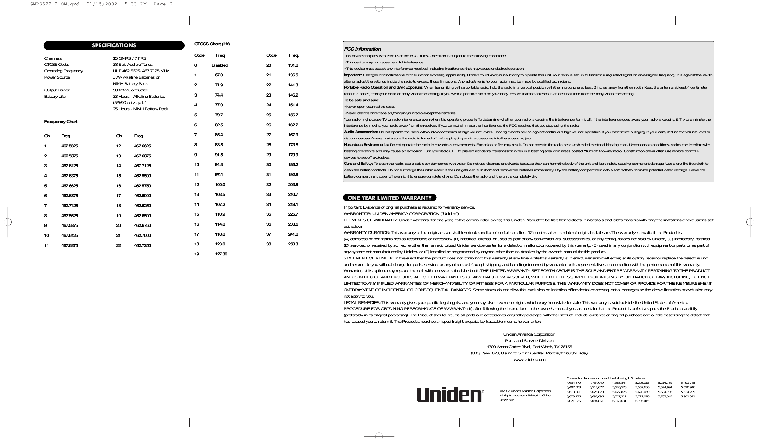 FCC InformationThis device complies with Part 15 of the FCC Rules. Operation is subject to the following conditions:• This device may not cause harmful interference.• This device must accept any interference received, including interference that may cause undesired operation.Important: Changes or modifications to this unit not expressly approved by Uniden could void your authority to operate this unit.Your radio is set up to transmit a regulated signal on an assigned frequency. It is against the law toalter or adjust the settings inside the radio to exceed those limitations. Any adjustments to your radio must be made by qualified technicians.Portable Radio Operation and SAR Exposure:When transmitting with a portable radio, hold the radio in a vertical position with the microphone at least 2 inches away from the mouth. Keep the antenna at least 4 centimeter(about 2 inches) from your head or body when transmitting.If you wear a portable radio on your body, ensure that the antenna is at least half inch from the body when transmitting.To be safe and sure:• Never open your radio’s case.• Never change or replace anything in your radio except the batteries.Your radio might cause TV or radio interference even when it is operating properly.To determine whether your radio is causing the interference, turn it off.If the interference goes away, your radio is causing it.Try to eliminate theinterference by moving your radio away from the receiver.If you cannot eliminate the interference, the FCC requires that you stop using the radio.Audio Accessories: Do not operate the radio with audio accessories at high volume levels. Hearing experts advise against continuous high volume operation.If you experience a ringing in your ears, reduce the volume level ordiscontinue use.Always make sure the radio is turned off before plugging audio accessories into the accessory jack.Hazardous Environments: Do not operate the radio in hazardous environments. Explosion or fire may result.Do not operate the radio near unshielded electrical blasting caps. Under certain conditions, radios can interfere withblasting operations and may cause an explosion.Turn your radio OFF to prevent accidental transmission when in a blasting area or in areas posted:“Turn off two-way radio.” Construction crews often use remote control RFdevices to set off explosives.Care and Safety: To clean the radio, use a soft cloth dampened with water.Do not use cleaners or solvents because they can harm the body of the unit and leak inside, causing permanent damage. Use a dry, lint-free cloth toclean the battery contacts. Do not submerge the unit in water.If the unit gets wet, turn it off and remove the batteries immediately. Dry the battery compartment with a soft cloth to minimize potential water damage.Leave the battery compartment cover off overnight to ensure complete drying. Do not use the radio until the unit is completely dry.ONE YEAR LIMITED WARRANTYImportant: Evidence of original purchase is required for warranty service.WARRANTOR:UNIDEN AMERICA CORPORATION (“Uniden”)ELEMENTS OF WARRANTY: Uniden warrants, for one year, to the original retail owner, this Uniden Product to be free from defects in materials and craftsmanship with only the limitations or exclusions setout below.WARRANTY DURATION:This warranty to the original user shall terminate and be of no further effect 12 months after the date of original retail sale.The warranty is invalid if the Product is:(A) damaged or not maintained as reasonable or necessary, (B) modified, altered, or used as part of any conversion kits, subassemblies, or any configurations not sold by Uniden, (C) improperly installed,(D) serviced or repaired by someone other than an authorized Uniden service center for a defect or malfunction covered by this warranty, (E) used in any conjunction with equipment or parts or as part ofany system not manufactured by Uniden, or (F) installed or programmed by anyone other than as detailed by the owner’s manual for this product.STATEMENT OF REMEDY: In the event that the product does not conform to this warranty at any time while this warranty is in effect, warrantor will either, at its option, repair or replace the defective unitand return it to you without charge for parts, service, or any other cost (except shipping and handling) incurred by warrantor or its representatives in connection with the performance of this warranty.Warrantor, at its option, may replace the unit with a new or refurbished unit.THE LIMITED WARRANTY SET FORTH ABOVE IS THE SOLE AND ENTIRE WARRANTY PERTAINING TO THE PRODUCTAND IS IN LIEU OF AND EXCLUDES ALL OTHER WARRANTIES OF ANY NATURE WHATSOEVER, WHETHER EXPRESS, IMPLIED OR ARISING BY OPERATION OF LAW, INCLUDING, BUT NOTLIMITED TO ANY IMPLIED WARRANTIES OF MERCHANTABILITY OR FITNESS FOR A PARTICULAR PURPOSE.THIS WARRANTY DOES NOT COVER OR PROVIDE FOR THE REIMBURSEMENTOVERPAYMENT OF INCIDENTAL OR CONSEQUENTIAL DAMAGES.Some states do not allow this exclusion or limitation of incidental or consequential damages so the above limitation or exclusion maynot apply to you.LEGAL REMEDIES:This warranty gives you specific legal rights, and you may also have other rights which vary from state to state.This warranty is void outside the United States of America.PROCEDURE FOR OBTAINING PERFORMANCE OF WARRANTY: If, after following the instructions in the owner’s manual you are certain that the Product is defective, pack the Product carefully (preferably in its original packaging).The Product should include all parts and accessories originally packaged with the Product. Include evidence of original purchase and a note describing the defect thathas caused you to return it.The Product should be shipped freight prepaid, by traceable means, to warrantor:Uniden America CorporationParts and Service Division4700 Amon Carter Blvd., Fort Worth, TX 76155(800) 297-1023, 8 a.m.to 5 p.m. Central, Monday through Friday  www.uniden.comCovered under one or more of the following U.S. patents:4,684,870 4,734,049 4,963,844 5,203,015 5,214,789 5,491,7455,497,508 5,517,677 5,526,528 5,557,606 5,574,994 5,610,9465,613,201 5,625,870 5,627,876 5,628,059 5,634,196 5,634,2055,678,176 5,697,096 5,717,312 5,722,070 5,787,345 5,901,3416,021,326 6,084,861 6,163,691 6,195,415SPECIFICATIONSChannels 15 GMRS / 7 FRSCTCSS Codes 38 Sub-Audible TonesOperating Frequency UHF 462.5625- 467.7125 MHzPower Source 3 AA Alkaline Batteries orNiMH Battery PackOutput Power 500mW ConductedBattery Life 33 Hours - Alkaline Batteries (5/5/90 duty cycle)25 Hours - NiMH Battery PackFrequency ChartCh. Freq. Ch. Freq.1 462.5625 12 467.66252 462.5875 13 467.68753 462.6125 14 467.71254 462.6375 15 462.55005 462.6625 16 462.57506 462.6875 17 462.60007 462.7125 18 462.62508 467.5625 19 462.65009 467.5875 20 462.675010 467.6125 21 462.700011 467.6375 22 462.7250CTCSS Chart (Hz)Code          Freq. Code           Freq.0 Disabled 20               131.81 67.0                    21               136.52 71.9                    22               141.33 74.4                    23               146.24 77.0                    24               151.45 79.7                    25               156.76 82.5                   26               162.27 85.4                    27               167.98 88.5                    28               173.89 91.5                    29               179.910 94.8                    30               186.211 97.4                    31               192.812 100.0                  32               203.513 103.5                  33               210.714 107.2                  34               218.115 110.9                  35               225.716 114.8                  36               233.617 118.8                  37               241.818 123.0                  38               250.319 127.30© 2002 Uniden America Corporation      All rights reserved • Printed in China     UTZZ-522GMRS522-2_OM.qxd  01/15/2002  5:33 PM  Page 2