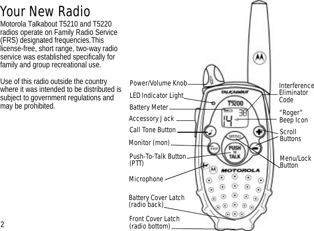 Your New RadioMotorola Talkabout T5210 and T5220 radios operate on Family Radio Service (FRS) designated frequencies.This license-free, short range, two-way radio service was established specifically for family and group recreational use. Use of this radio outside the country where it was intended to be distributed is subject to government regulations and may be prohibited. Push-To-Talk Button (PTT)Power/Volume KnobAccessory JackScroll       ButtonsInterference Eliminator CodeMicrophoneMenu/LockButtonLED Indicator LightMonitor (mon) Battery Cover Latch(radio back)Call Tone ButtonBattery Meter “Roger”                 Beep IconFront Cover Latch(radio bottom)2