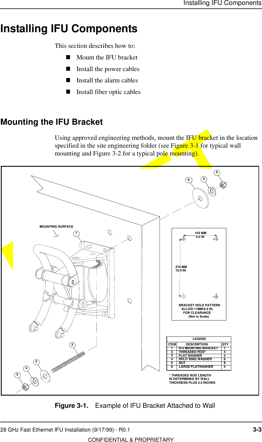Installing IFU Components28 GHz Fast Ethernet IFU Installation (9/17/99) - R0.1 3-3CONFIDENTIAL &amp; PROPRIETARYDO NOT COPYInstalling IFU ComponentsThis section describes how to:Mount the IFU bracketInstall the power cablesInstall the alarm cablesInstall fiber optic cablesMounting the IFU Bracket Using approved engineering methods, mount the IFU bracket in the location specified in the site engineering folder (see Figure 3-1 for typical wall mounting and Figure 3-2 for a typical pole mounting).Figure 3-1. Example of IFU Bracket Attached to Wall 31456452MOUNTING SURFACELEGENDITEM   1   2   3   4   5   6        DESCRIPTIONIFU M0UNTING BRACKETTHREADED ROD*FLAT WASHERSPLIT RING WASHERNUTLARGE FLATWASHERQTY  1  4  4  8  8  4* THREADED ROD LENGTH IS DETERMINED BY WALLTHICKNESS PLUS 2.5 INCHES 102 MM 4.0 IN276 MM10.9 IN    BRACKET HOLE PATTERN       ALLOW 11MM/0.5 IN.          FOR CLEARANCE               (Not to Scale)