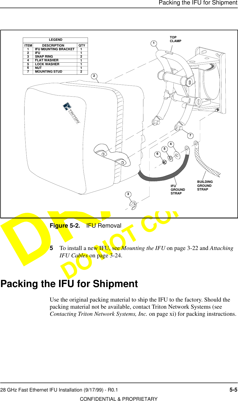 Packing the IFU for Shipment28 GHz Fast Ethernet IFU Installation (9/17/99) - R0.1 5-5CONFIDENTIAL &amp; PROPRIETARYDO NOT COPYFigure 5-2. IFU Removal5To install a new IFU, see Mounting the IFU on page 3-22 and Attaching IFU Cables on page 3-24.Packing the IFU for ShipmentUse the original packing material to ship the IFU to the factory. Should the packing material not be available, contact Triton Network Systems (see Contacting Triton Network Systems, Inc. on page xi) for packing instructions.345621LEGENDITEM   1   2   3   4   5   6   7           DESCRIPTIONIFU M0UNTING BRACKETIFUSNAP RINGFLAT WASHERLOCK WASHERNUTMOUNTING STUDQTY  1  1  2  1  1  1  2  IFU GROUNDSTRAP7BUILDINGGROUNDSTRAPTOPCLAMP