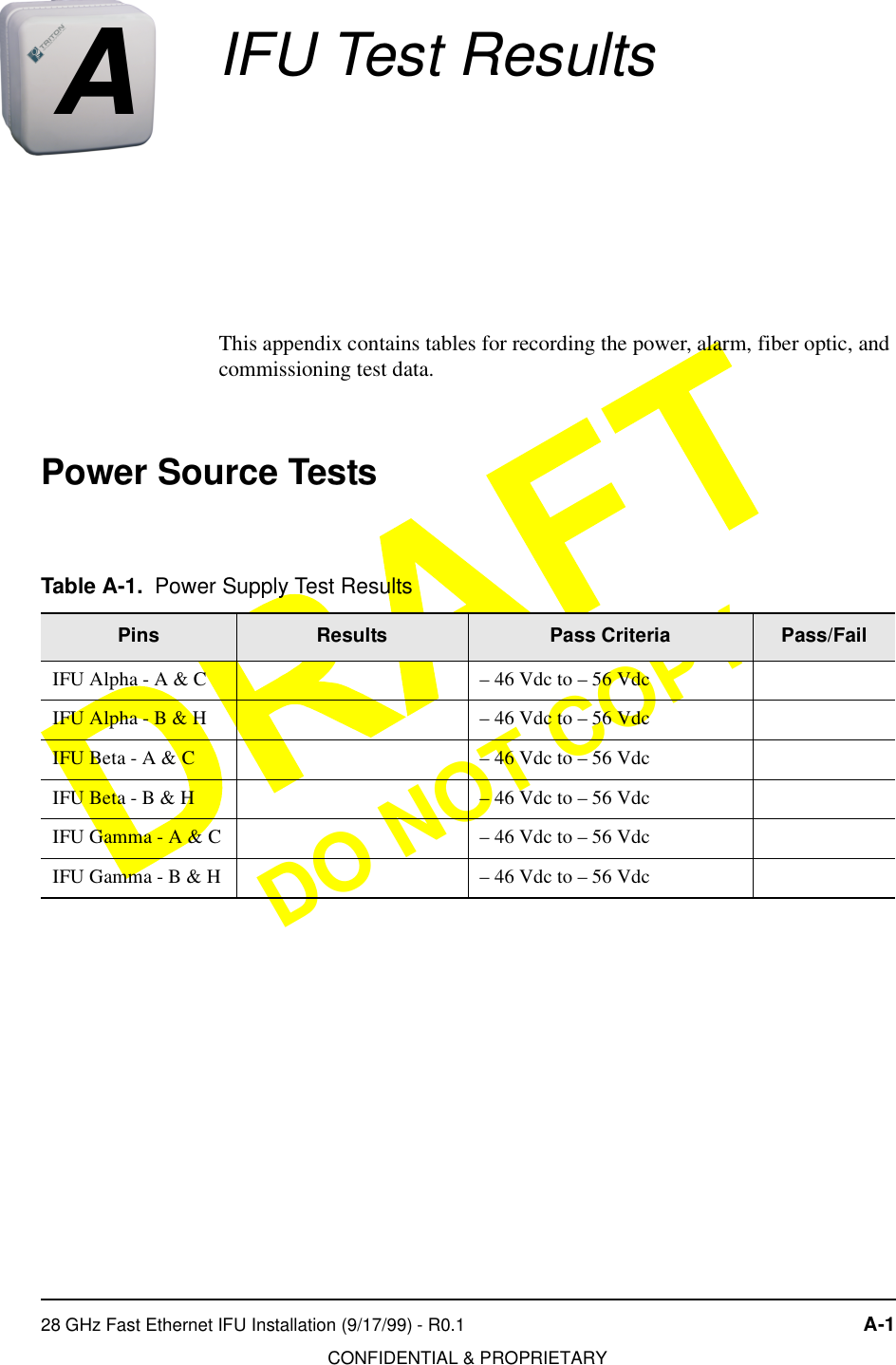 28 GHz Fast Ethernet IFU Installation (9/17/99) - R0.1 A-1CONFIDENTIAL &amp; PROPRIETARYDO NOT COPYAIFU Test ResultsThis appendix contains tables for recording the power, alarm, fiber optic, and commissioning test data.Power Source TestsTable A-1. Power Supply Test ResultsPins Results Pass Criteria Pass/FailIFU Alpha - A &amp; C – 46 Vdc to – 56 VdcIFU Alpha - B &amp; H – 46 Vdc to – 56 VdcIFU Beta - A &amp; C – 46 Vdc to – 56 VdcIFU Beta - B &amp; H – 46 Vdc to – 56 VdcIFU Gamma - A &amp; C – 46 Vdc to – 56 VdcIFU Gamma - B &amp; H – 46 Vdc to – 56 Vdc