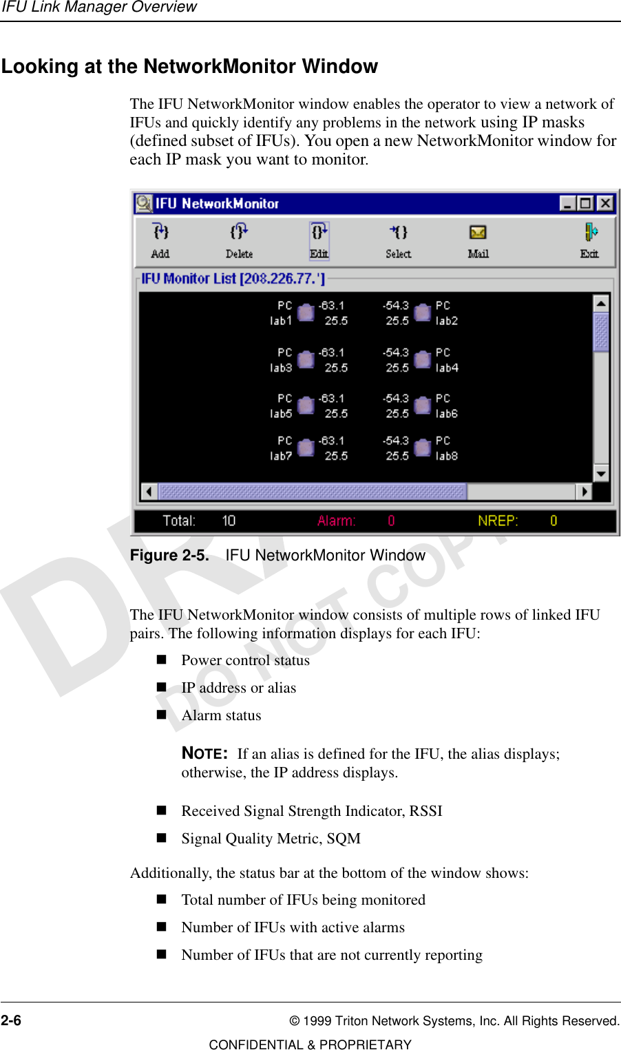 IFU Link Manager Overview2-6 © 1999 Triton Network Systems, Inc. All Rights Reserved.CONFIDENTIAL &amp; PROPRIETARYDO NOT COPYLooking at the NetworkMonitor WindowThe IFU NetworkMonitor window enables the operator to view a network of IFUs and quickly identify any problems in the network using IP masks (defined subset of IFUs). You open a new NetworkMonitor window for each IP mask you want to monitor. Figure 2-5. IFU NetworkMonitor WindowThe IFU NetworkMonitor window consists of multiple rows of linked IFU pairs. The following information displays for each IFU:nPower control statusnIP address or aliasnAlarm statusNOTE:  If an alias is defined for the IFU, the alias displays; otherwise, the IP address displays.nReceived Signal Strength Indicator, RSSInSignal Quality Metric, SQMAdditionally, the status bar at the bottom of the window shows:nTotal number of IFUs being monitorednNumber of IFUs with active alarmsnNumber of IFUs that are not currently reporting