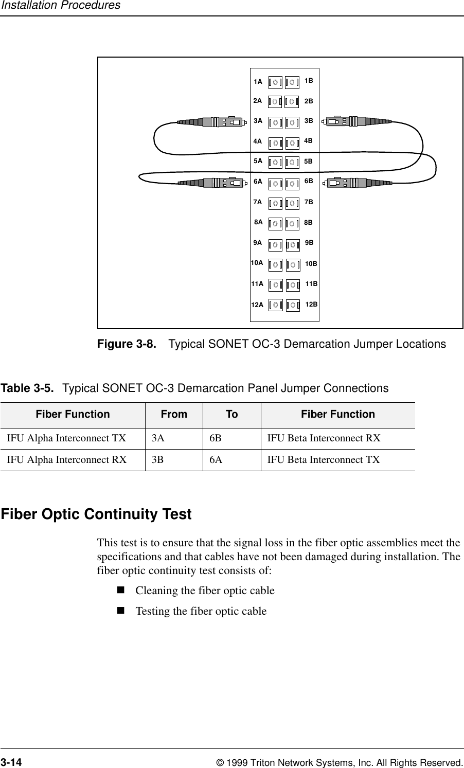Installation Procedures3-14 © 1999 Triton Network Systems, Inc. All Rights Reserved.Figure 3-8. Typical SONET OC-3 Demarcation Jumper LocationsFiber Optic Continuity TestThis test is to ensure that the signal loss in the fiber optic assemblies meet the specifications and that cables have not been damaged during installation. The fiber optic continuity test consists of:nCleaning the fiber optic cablenTesting the fiber optic cable1A 1B2A 2B3A 3B4A5A4B5B6A 6B7A 7B8A9B8B9A10A 10B11A 11B12A 12BTable 3-5. Typical SONET OC-3 Demarcation Panel Jumper ConnectionsFiber Function From To Fiber FunctionIFU Alpha Interconnect TX 3A 6B IFU Beta Interconnect RXIFU Alpha Interconnect RX 3B 6A IFU Beta Interconnect TX