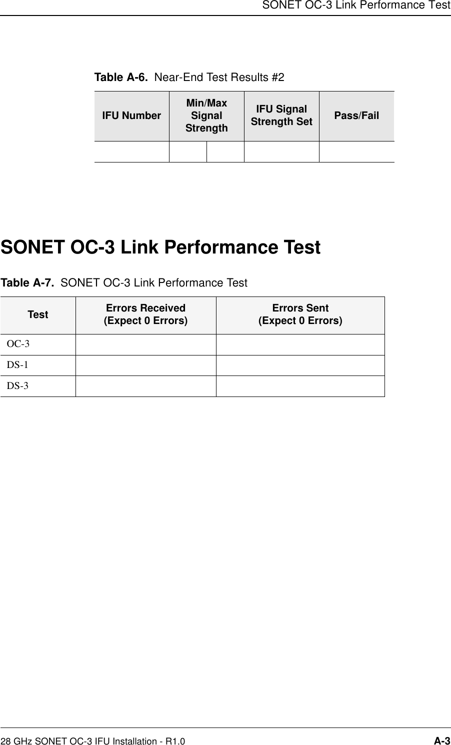 SONET OC-3 Link Performance Test28 GHz SONET OC-3 IFU Installation - R1.0 A-3 SONET OC-3 Link Performance Test Table A-6. Near-End Test Results #2IFU Number Min/MaxSignal StrengthIFU Signal Strength Set Pass/FailTable A-7. SONET OC-3 Link Performance TestTest Errors Received(Expect 0 Errors) Errors Sent(Expect 0 Errors)OC-3DS-1DS-3