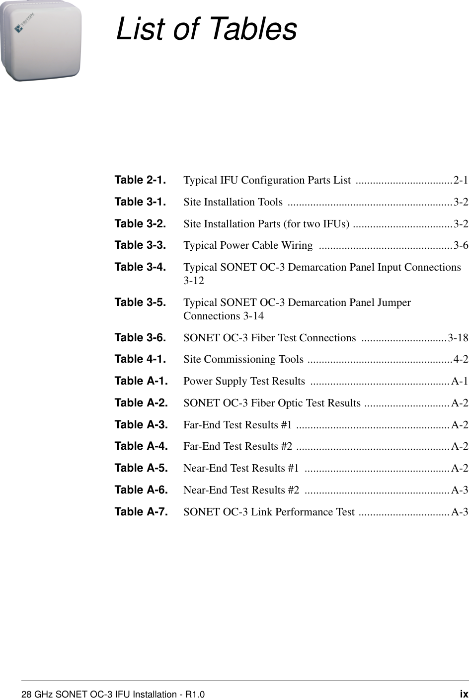 28 GHz SONET OC-3 IFU Installation - R1.0 ixList of TablesTable 2-1. Typical IFU Configuration Parts List  ..................................2-1Table 3-1. Site Installation Tools ..........................................................3-2Table 3-2. Site Installation Parts (for two IFUs) ...................................3-2Table 3-3. Typical Power Cable Wiring  ...............................................3-6Table 3-4. Typical SONET OC-3 Demarcation Panel Input Connections 3-12Table 3-5. Typical SONET OC-3 Demarcation Panel Jumper Connections 3-14Table 3-6. SONET OC-3 Fiber Test Connections  ..............................3-18Table 4-1. Site Commissioning Tools ...................................................4-2Table A-1. Power Supply Test Results  .................................................A-1Table A-2. SONET OC-3 Fiber Optic Test Results ..............................A-2Table A-3. Far-End Test Results #1 ......................................................A-2Table A-4. Far-End Test Results #2 ......................................................A-2Table A-5. Near-End Test Results #1  ...................................................A-2Table A-6. Near-End Test Results #2  ...................................................A-3Table A-7. SONET OC-3 Link Performance Test ................................A-3