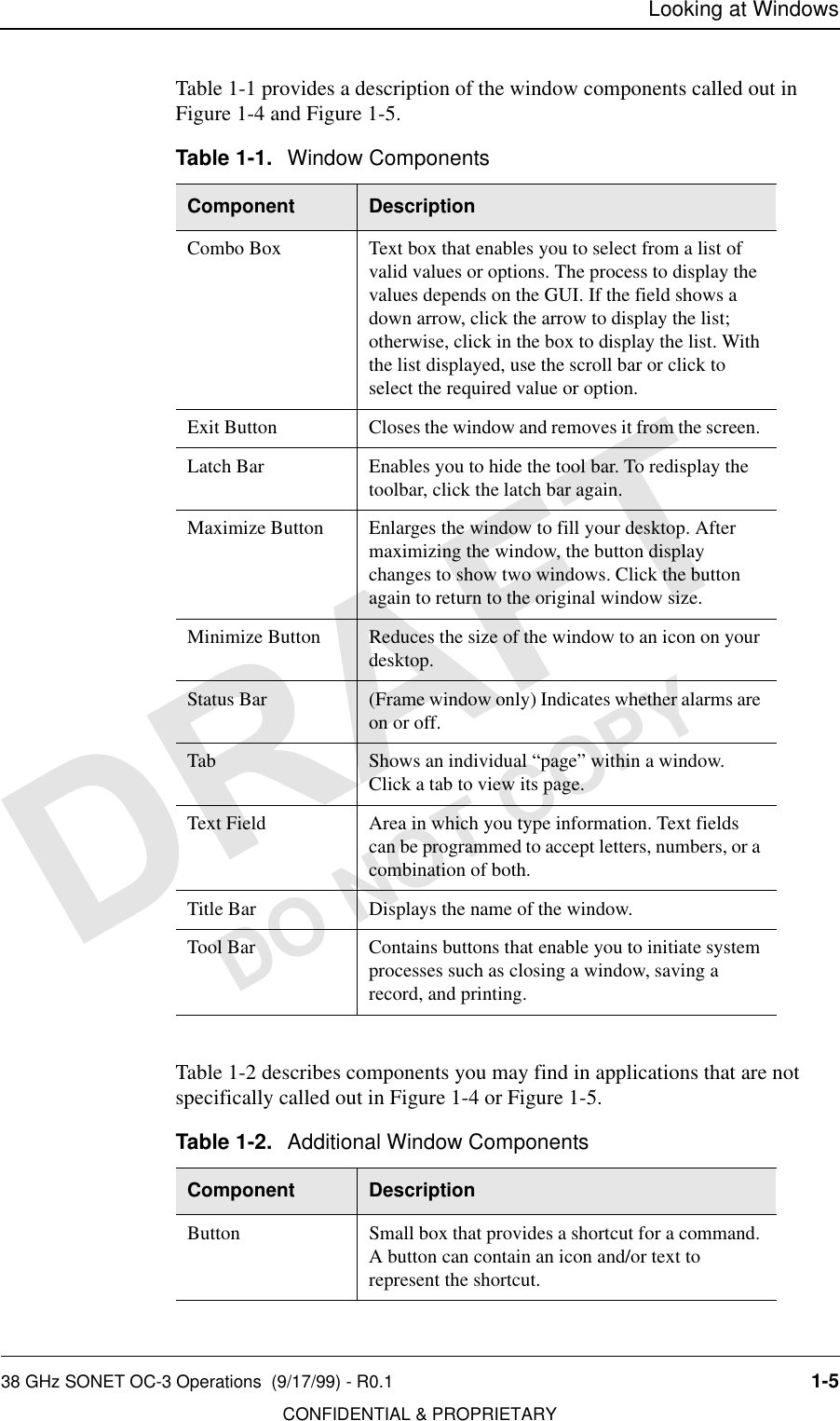 Looking at Windows38 GHz SONET OC-3 Operations  (9/17/99) - R0.1 1-5CONFIDENTIAL &amp; PROPRIETARYDO NOT COPYTable 1-1 provides a description of the window components called out in Figure 1-4 and Figure 1-5.Table 1-2 describes components you may find in applications that are not specifically called out in Figure 1-4 or Figure 1-5.Table 1-1. Window ComponentsComponent DescriptionCombo Box Text box that enables you to select from a list of valid values or options. The process to display the values depends on the GUI. If the field shows a down arrow, click the arrow to display the list; otherwise, click in the box to display the list. With the list displayed, use the scroll bar or click to select the required value or option.Exit Button Closes the window and removes it from the screen. Latch Bar Enables you to hide the tool bar. To redisplay the toolbar, click the latch bar again.Maximize Button Enlarges the window to fill your desktop. After maximizing the window, the button display changes to show two windows. Click the button again to return to the original window size.Minimize Button Reduces the size of the window to an icon on your desktop.Status Bar (Frame window only) Indicates whether alarms are on or off.Tab Shows an individual “page” within a window. Click a tab to view its page.Text Field Area in which you type information. Text fields can be programmed to accept letters, numbers, or a combination of both.Title Bar Displays the name of the window.Tool Bar Contains buttons that enable you to initiate system processes such as closing a window, saving a record, and printing.Table 1-2. Additional Window ComponentsComponent DescriptionButton Small box that provides a shortcut for a command. A button can contain an icon and/or text to represent the shortcut.