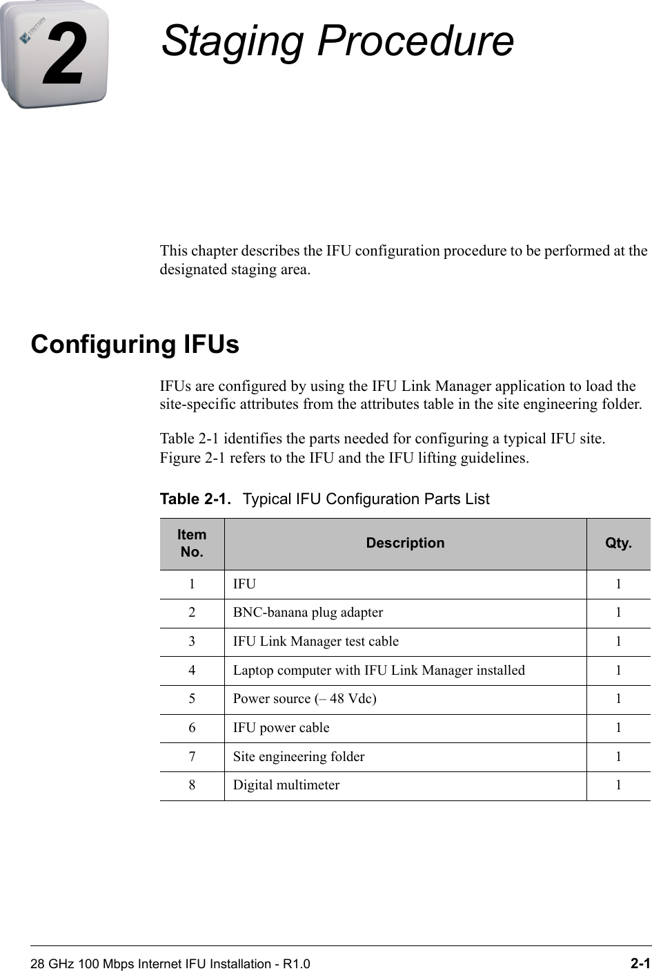 28 GHz 100 Mbps Internet IFU Installation - R1.0 2-12Staging ProcedureThis chapter describes the IFU configuration procedure to be performed at the designated staging area.Configuring IFUsIFUs are configured by using the IFU Link Manager application to load the site-specific attributes from the attributes table in the site engineering folder. Table 2-1 identifies the parts needed for configuring a typical IFU site. Figure 2-1 refers to the IFU and the IFU lifting guidelines. Table 2-1. Typical IFU Configuration Parts ListItem No. Description Qty.1IFU 12 BNC-banana plug adapter 13 IFU Link Manager test cable  14 Laptop computer with IFU Link Manager installed 15 Power source (– 48 Vdc)  16 IFU power cable 17 Site engineering folder 18 Digital multimeter 1