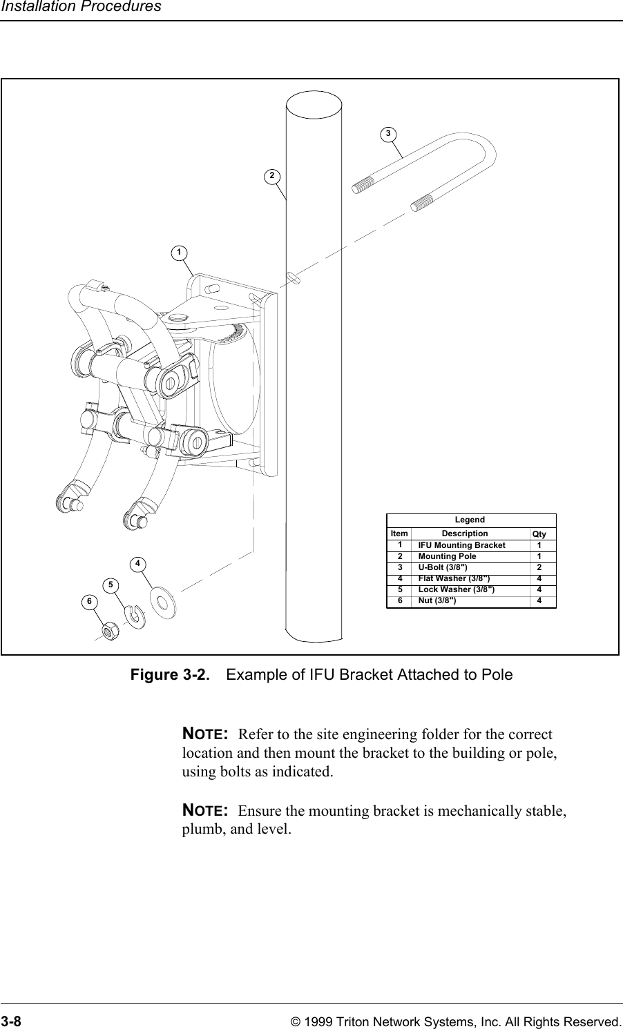 Installation Procedures3-8 © 1999 Triton Network Systems, Inc. All Rights Reserved.Figure 3-2. Example of IFU Bracket Attached to PoleNOTE:  Refer to the site engineering folder for the correct location and then mount the bracket to the building or pole, using bolts as indicated. NOTE:  Ensure the mounting bracket is mechanically stable, plumb, and level.LegendItem   1   2   3   4   5   6             DescriptionIFU Mounting BracketMounting PoleU-Bolt (3/8&quot;)Flat Washer (3/8&quot;)Lock Washer (3/8&quot;)Nut (3/8&quot;)Qty  1  1  2  4  4  4  456132