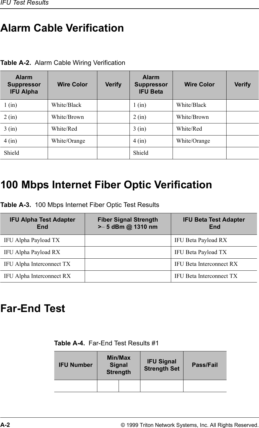 IFU Test ResultsA-2 © 1999 Triton Network Systems, Inc. All Rights Reserved.Alarm Cable Verification 100 Mbps Internet Fiber Optic VerificationFar-End Test Table A-2. Alarm Cable Wiring VerificationAlarmSuppressorIFU AlphaWire Color VerifyAlarmSuppressorIFU BetaWire Color Verify1 (in) White/Black  1 (in) White/Black2 (in) White/Brown  2 (in) White/Brown3 (in) White/Red 3 (in) White/Red4 (in) White/Orange  4 (in) White/OrangeShield ShieldTable A-3. 100 Mbps Internet Fiber Optic Test ResultsIFU Alpha Test Adapter EndFiber Signal Strength&gt;– 5 dBm @ 1310 nmIFU Beta Test Adapter EndIFU Alpha Payload TX IFU Beta Payload RXIFU Alpha Payload RX IFU Beta Payload TXIFU Alpha Interconnect TX IFU Beta Interconnect RXIFU Alpha Interconnect RX IFU Beta Interconnect TXTable A-4. Far-End Test Results #1IFU NumberMin/MaxSignal StrengthIFU Signal Strength Set Pass/Fail