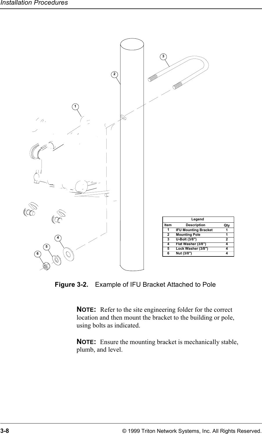 Installation Procedures3-8 © 1999 Triton Network Systems, Inc. All Rights Reserved.Figure 3-2. Example of IFU Bracket Attached to PoleNOTE:  Refer to the site engineering folder for the correct location and then mount the bracket to the building or pole, using bolts as indicated. NOTE:  Ensure the mounting bracket is mechanically stable, plumb, and level.LegendItem   1   2   3   4   5   6             DescriptionIFU Mounting BracketMounting PoleU-Bolt (3/8&quot;)Flat Washer (3/8&quot;)Lock Washer (3/8&quot;)Nut (3/8&quot;)Qty  1  1  2  4  4  4  456132