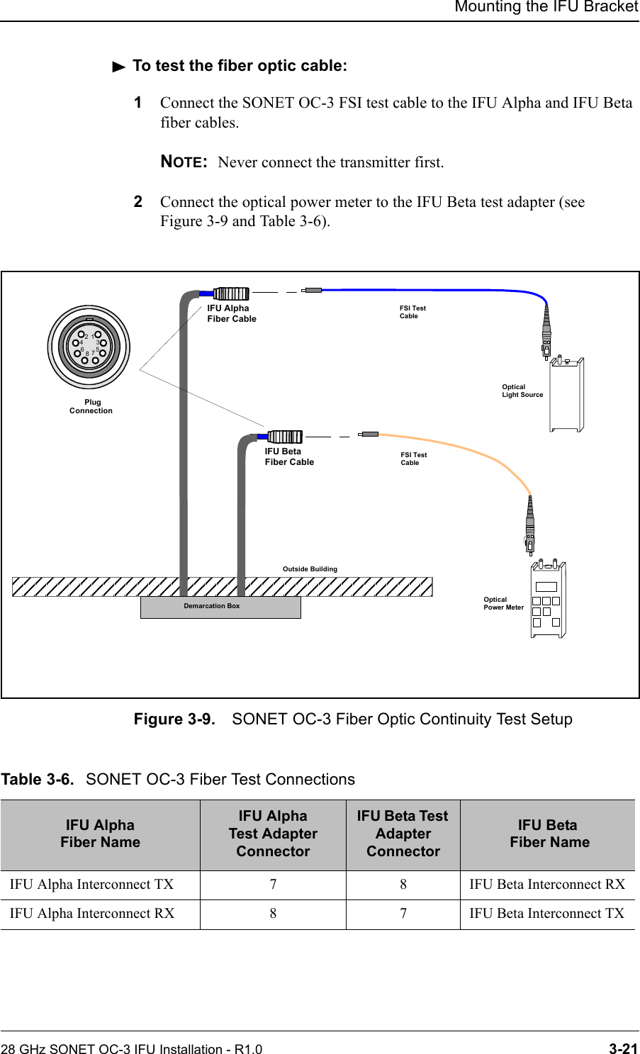 Mounting the IFU Bracket28 GHz SONET OC-3 IFU Installation - R1.0 3-21To test the fiber optic cable:1Connect the SONET OC-3 FSI test cable to the IFU Alpha and IFU Beta fiber cables. NOTE:  Never connect the transmitter first.2Connect the optical power meter to the IFU Beta test adapter (see Figure 3-9 and Table 3-6).Figure 3-9. SONET OC-3 Fiber Optic Continuity Test SetupOutside BuildingINSIDE BUILDINGOpticalLight SourceDemarcation BoxIFU AlphaFiber CableIFU BetaFiber CableOptical Power Meter       PlugConnection12436578FSI TestCableFSI TestCableTable 3-6. SONET OC-3 Fiber Test ConnectionsIFU AlphaFiber NameIFU Alpha Test Adapter ConnectorIFU Beta Test Adapter ConnectorIFU Beta Fiber NameIFU Alpha Interconnect TX 7 8 IFU Beta Interconnect RXIFU Alpha Interconnect RX 8 7 IFU Beta Interconnect TX