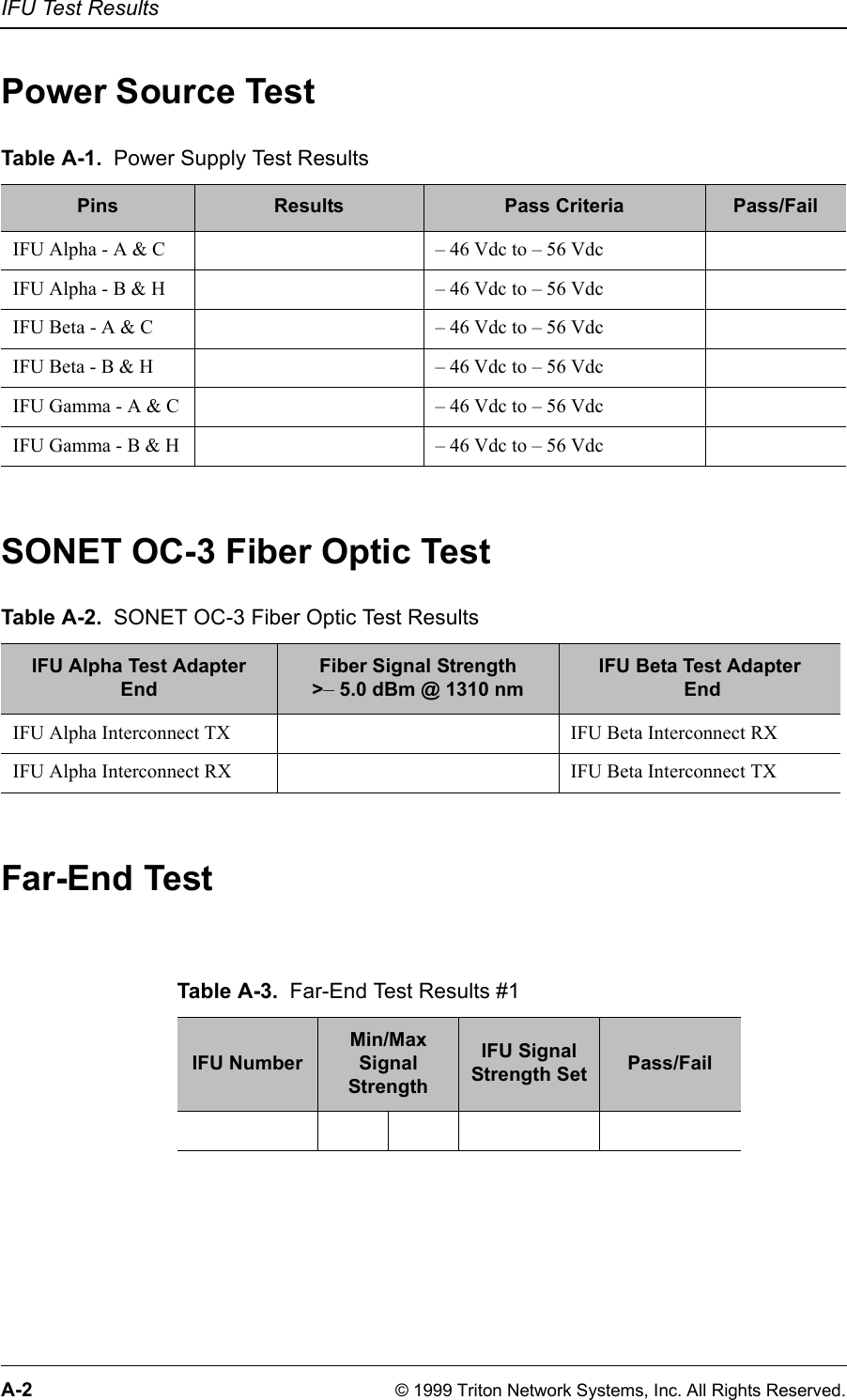 IFU Test ResultsA-2 © 1999 Triton Network Systems, Inc. All Rights Reserved.Power Source TestSONET OC-3 Fiber Optic TestFar-End Test Table A-1. Power Supply Test ResultsPins Results Pass Criteria Pass/FailIFU Alpha - A &amp; C – 46 Vdc to – 56 VdcIFU Alpha - B &amp; H – 46 Vdc to – 56 VdcIFU Beta - A &amp; C – 46 Vdc to – 56 VdcIFU Beta - B &amp; H – 46 Vdc to – 56 VdcIFU Gamma - A &amp; C – 46 Vdc to – 56 VdcIFU Gamma - B &amp; H – 46 Vdc to – 56 VdcTable A-2. SONET OC-3 Fiber Optic Test ResultsIFU Alpha Test Adapter EndFiber Signal Strength&gt;– 5.0 dBm @ 1310 nmIFU Beta Test Adapter EndIFU Alpha Interconnect TX IFU Beta Interconnect RXIFU Alpha Interconnect RX IFU Beta Interconnect TXTable A-3. Far-End Test Results #1IFU NumberMin/MaxSignal StrengthIFU Signal Strength Set Pass/Fail