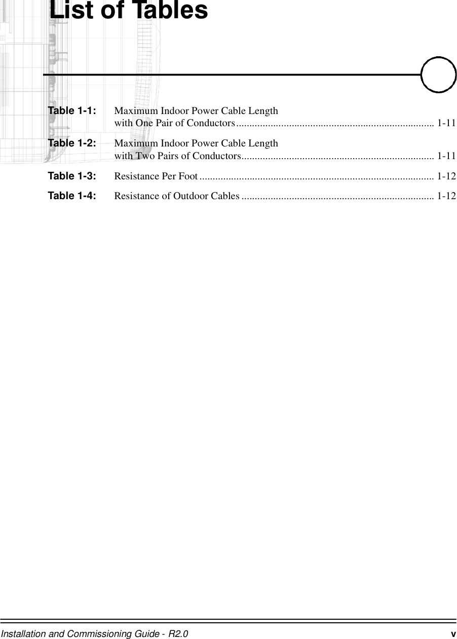 Installation and Commissioning Guide - R2.0 v/LVWRI7DEOHVTable 1-1: Maximum Indoor Power Cable Length  with One Pair of Conductors........................................................................... 1-11Table 1-2: Maximum Indoor Power Cable Length  with Two Pairs of Conductors......................................................................... 1-11Table 1-3: Resistance Per Foot ......................................................................................... 1-12Table 1-4: Resistance of Outdoor Cables ......................................................................... 1-12