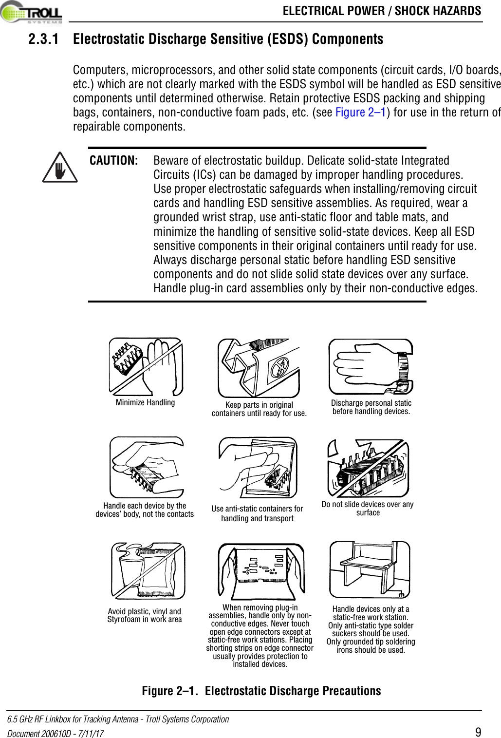  ELECTRICAL POWER / SHOCK HAZARDS6.5 GHz RF Linkbox for Tracking Antenna - Troll Systems CorporationDocument 200610D - 7/11/17 92.3.1 Electrostatic Discharge Sensitive (ESDS) ComponentsComputers, microprocessors, and other solid state components (circuit cards, I/O boards, etc.) which are not clearly marked with the ESDS symbol will be handled as ESD sensitive components until determined otherwise. Retain protective ESDS packing and shipping bags, containers, non-conductive foam pads, etc. (see Figure 2–1) for use in the return of repairable components.Figure 2–1.  Electrostatic Discharge PrecautionsCAUTION: Beware of electrostatic buildup. Delicate solid-state Integrated Circuits (ICs) can be damaged by improper handling procedures. Use proper electrostatic safeguards when installing/removing circuit cards and handling ESD sensitive assemblies. As required, wear a grounded wrist strap, use anti-static floor and table mats, and minimize the handling of sensitive solid-state devices. Keep all ESD sensitive components in their original containers until ready for use. Always discharge personal static before handling ESD sensitive components and do not slide solid state devices over any surface. Handle plug-in card assemblies only by their non-conductive edges.Minimize Handling Keep parts in original containers until ready for use.Discharge personal static before handling devices.Handle each device by the devices’ body, not the contacts Use anti-static containers for handling and transportDo not slide devices over any surfaceAvoid plastic, vinyl and Styrofoam in work areaWhen removing plug-in assemblies, handle only by non-conductive edges. Never touch open edge connectors except at static-free work stations. Placing shorting strips on edge connector usually provides protection to installed devices.Handle devices only at a static-free work station.Only anti-static type solder suckers should be used.Only grounded tip soldering irons should be used.