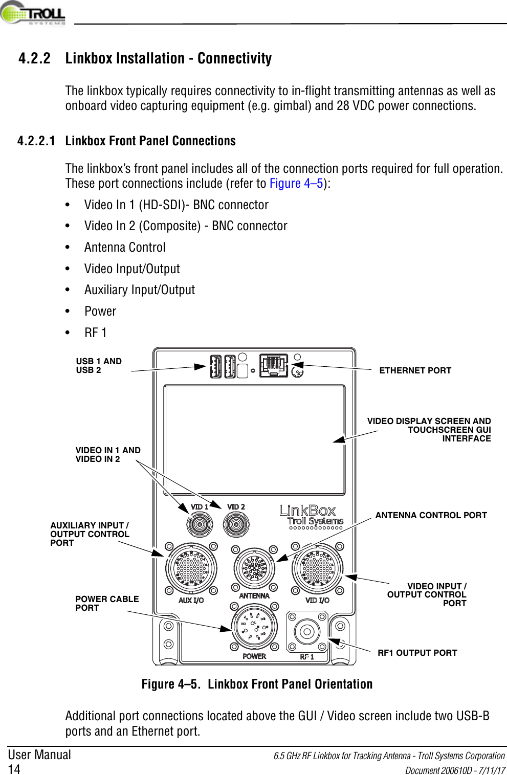 User Manual 6.5 GHz RF Linkbox for Tracking Antenna - Troll Systems Corporation 14  Document 200610D - 7/11/17 4.2.2 Linkbox Installation - ConnectivityThe linkbox typically requires connectivity to in-flight transmitting antennas as well as onboard video capturing equipment (e.g. gimbal) and 28 VDC power connections.4.2.2.1 Linkbox Front Panel ConnectionsThe linkbox’s front panel includes all of the connection ports required for full operation. These port connections include (refer to Figure 4–5):• Video In 1 (HD-SDI)- BNC connector• Video In 2 (Composite) - BNC connector• Antenna Control• Video Input/Output• Auxiliary Input/Output•Power•RF 1VIDEO IN 1 AND VIDEO IN 2ETHERNET PORTVIDEO DISPLAY SCREEN AND TOUCHSCREEN GUI INTERFACEUSB 1 AND USB 2ANTENNA CONTROL PORTVIDEO INPUT / OUTPUT CONTROL PORTRF1 OUTPUT PORTAUXILIARY INPUT / OUTPUT CONTROL PORTPOWER CABLE PORTFigure 4–5.  Linkbox Front Panel OrientationAdditional port connections located above the GUI / Video screen include two USB-B ports and an Ethernet port.