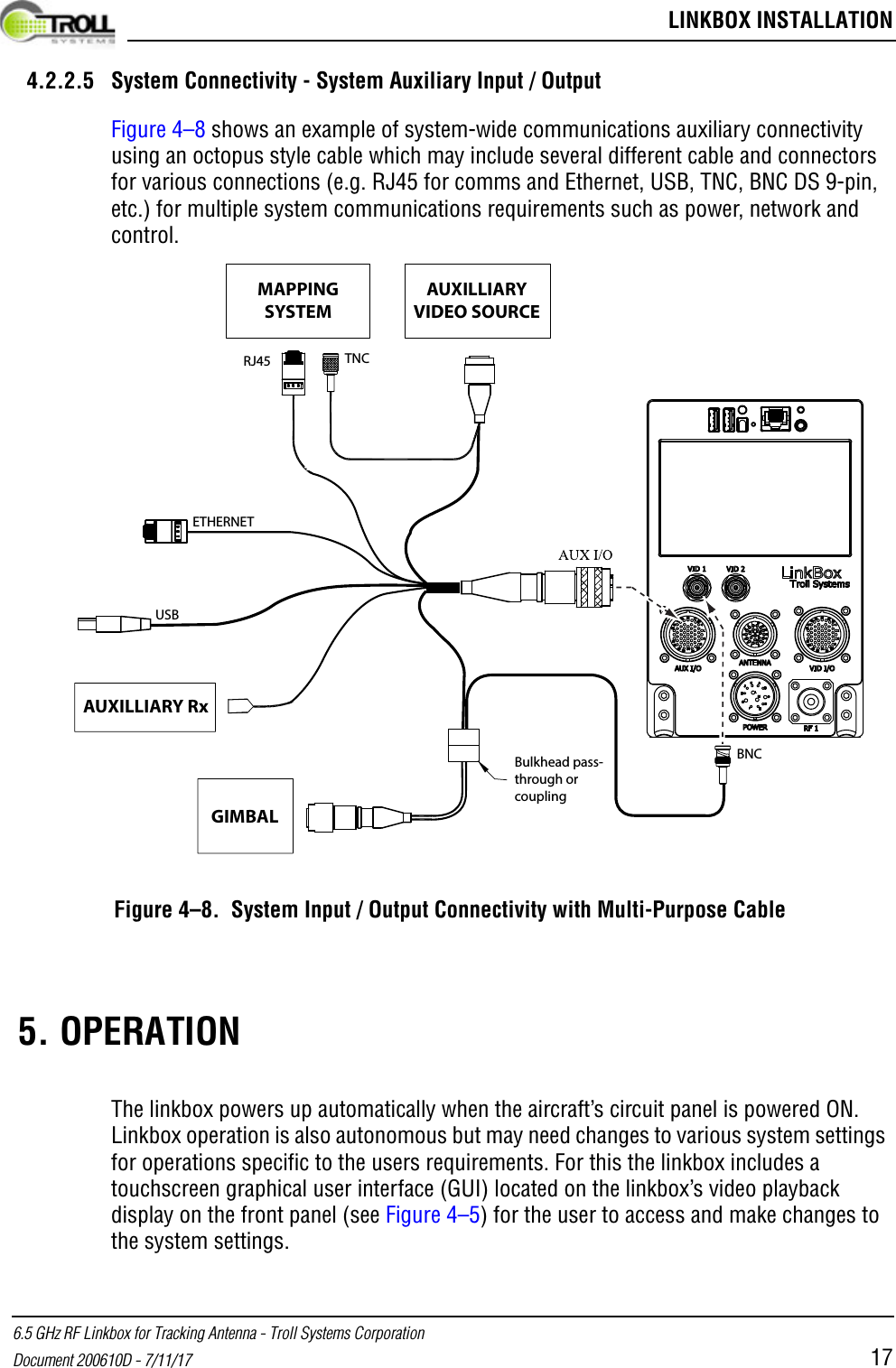  LINKBOX INSTALLATION6.5 GHz RF Linkbox for Tracking Antenna - Troll Systems CorporationDocument 200610D - 7/11/17 174.2.2.5 System Connectivity - System Auxiliary Input / OutputFigure 4–8 shows an example of system-wide communications auxiliary connectivity using an octopus style cable which may include several different cable and connectors for various connections (e.g. RJ45 for comms and Ethernet, USB, TNC, BNC DS 9-pin, etc.) for multiple system communications requirements such as power, network and control.Figure 4–8.  System Input / Output Connectivity with Multi-Purpose Cable  5. OPERATIONThe linkbox powers up automatically when the aircraft’s circuit panel is powered ON. Linkbox operation is also autonomous but may need changes to various system settings for operations specific to the users requirements. For this the linkbox includes a touchscreen graphical user interface (GUI) located on the linkbox’s video playback display on the front panel (see Figure 4–5) for the user to access and make changes to the system settings.GIMBALAUXILLIARY RxETHERNETUSBRJ45 TNCBNCBulkhead pass-through or couplingMAPPINGSYSTEMAUXILLIARYVIDEO SOURCE