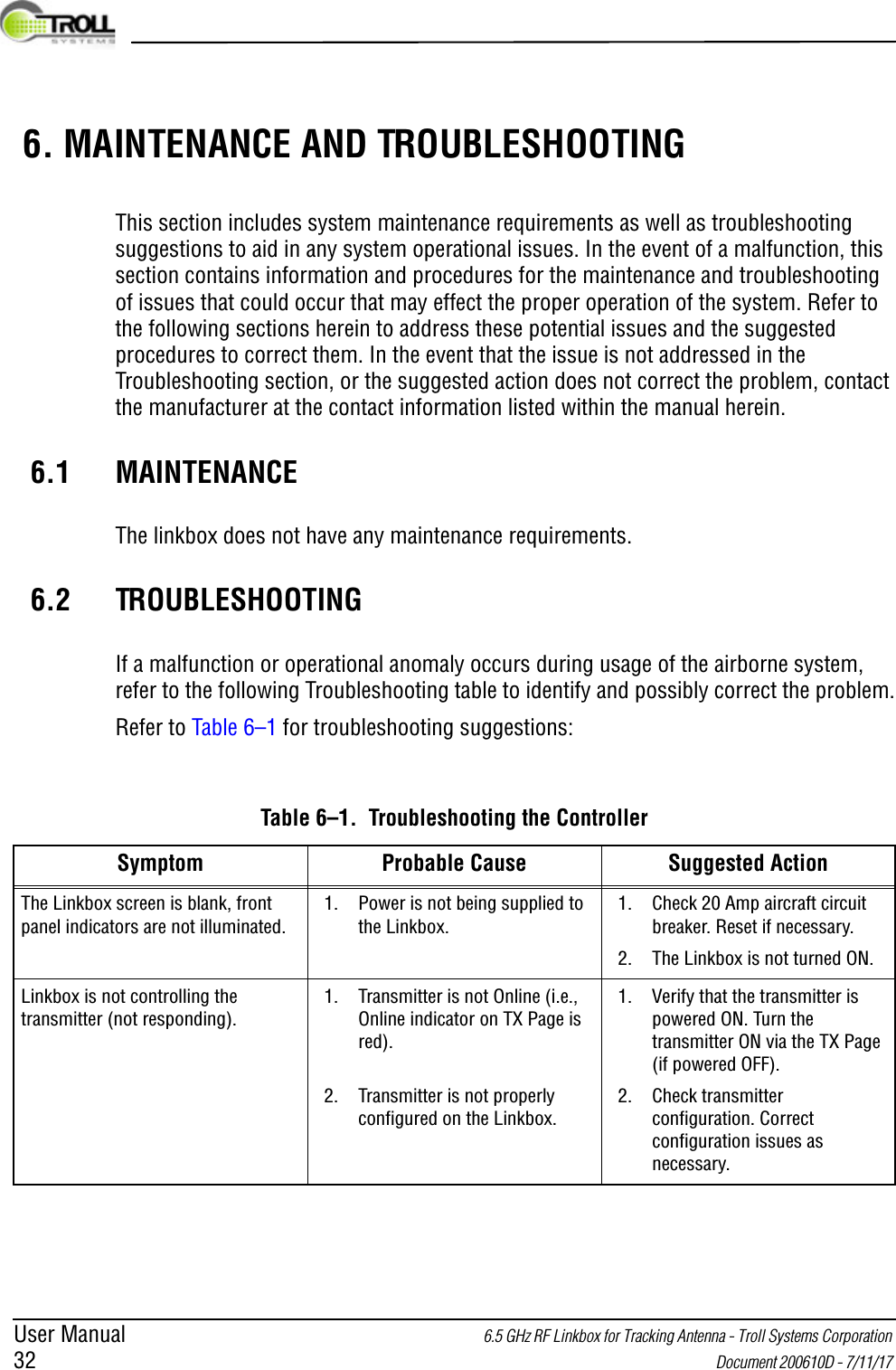 User Manual 6.5 GHz RF Linkbox for Tracking Antenna - Troll Systems Corporation 32  Document 200610D - 7/11/17  6. MAINTENANCE AND TROUBLESHOOTINGThis section includes system maintenance requirements as well as troubleshooting suggestions to aid in any system operational issues. In the event of a malfunction, this section contains information and procedures for the maintenance and troubleshooting of issues that could occur that may effect the proper operation of the system. Refer to the following sections herein to address these potential issues and the suggested procedures to correct them. In the event that the issue is not addressed in the Troubleshooting section, or the suggested action does not correct the problem, contact the manufacturer at the contact information listed within the manual herein.6.1 MAINTENANCEThe linkbox does not have any maintenance requirements.6.2 TROUBLESHOOTINGIf a malfunction or operational anomaly occurs during usage of the airborne system, refer to the following Troubleshooting table to identify and possibly correct the problem.Refer to Table 6–1 for troubleshooting suggestions:Table 6–1.  Troubleshooting the ControllerSymptom Probable Cause Suggested ActionThe Linkbox screen is blank, front panel indicators are not illuminated.1. Power is not being supplied to the Linkbox.1. Check 20 Amp aircraft circuit breaker. Reset if necessary.2. The Linkbox is not turned ON.Linkbox is not controlling the transmitter (not responding).1. Transmitter is not Online (i.e., Online indicator on TX Page is red).2. Transmitter is not properly configured on the Linkbox.1. Verify that the transmitter is powered ON. Turn the transmitter ON via the TX Page (if powered OFF).2. Check transmitter configuration. Correct configuration issues as necessary.