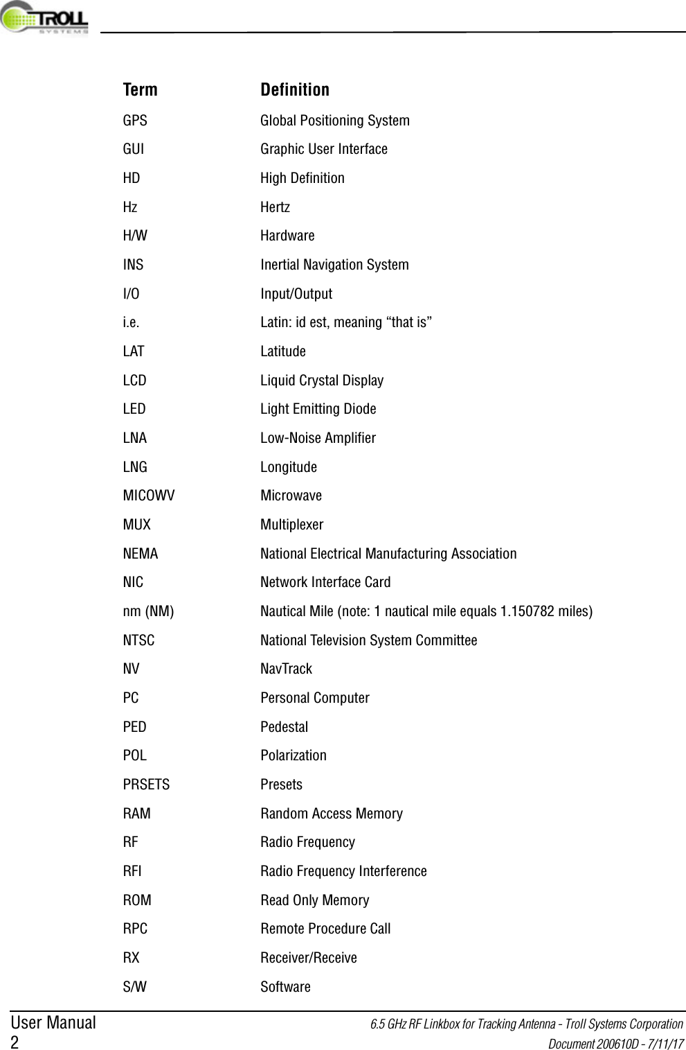 User Manual 6.5 GHz RF Linkbox for Tracking Antenna - Troll Systems Corporation 2 Document 200610D - 7/11/17 GPS Global Positioning SystemGUI Graphic User InterfaceHD High DefinitionHz HertzH/W HardwareINS Inertial Navigation SystemI/O Input/Outputi.e. Latin: id est, meaning “that is”LAT LatitudeLCD Liquid Crystal DisplayLED Light Emitting DiodeLNA Low-Noise AmplifierLNG LongitudeMICOWV MicrowaveMUX MultiplexerNEMA National Electrical Manufacturing Association NIC Network Interface Cardnm (NM) Nautical Mile (note: 1 nautical mile equals 1.150782 miles)NTSC National Television System CommitteeNV NavTrackPC Personal ComputerPED PedestalPOL PolarizationPRSETS PresetsRAM Random Access MemoryRF Radio FrequencyRFI Radio Frequency InterferenceROM Read Only MemoryRPC Remote Procedure CallRX Receiver/ReceiveS/W SoftwareTerm Definition