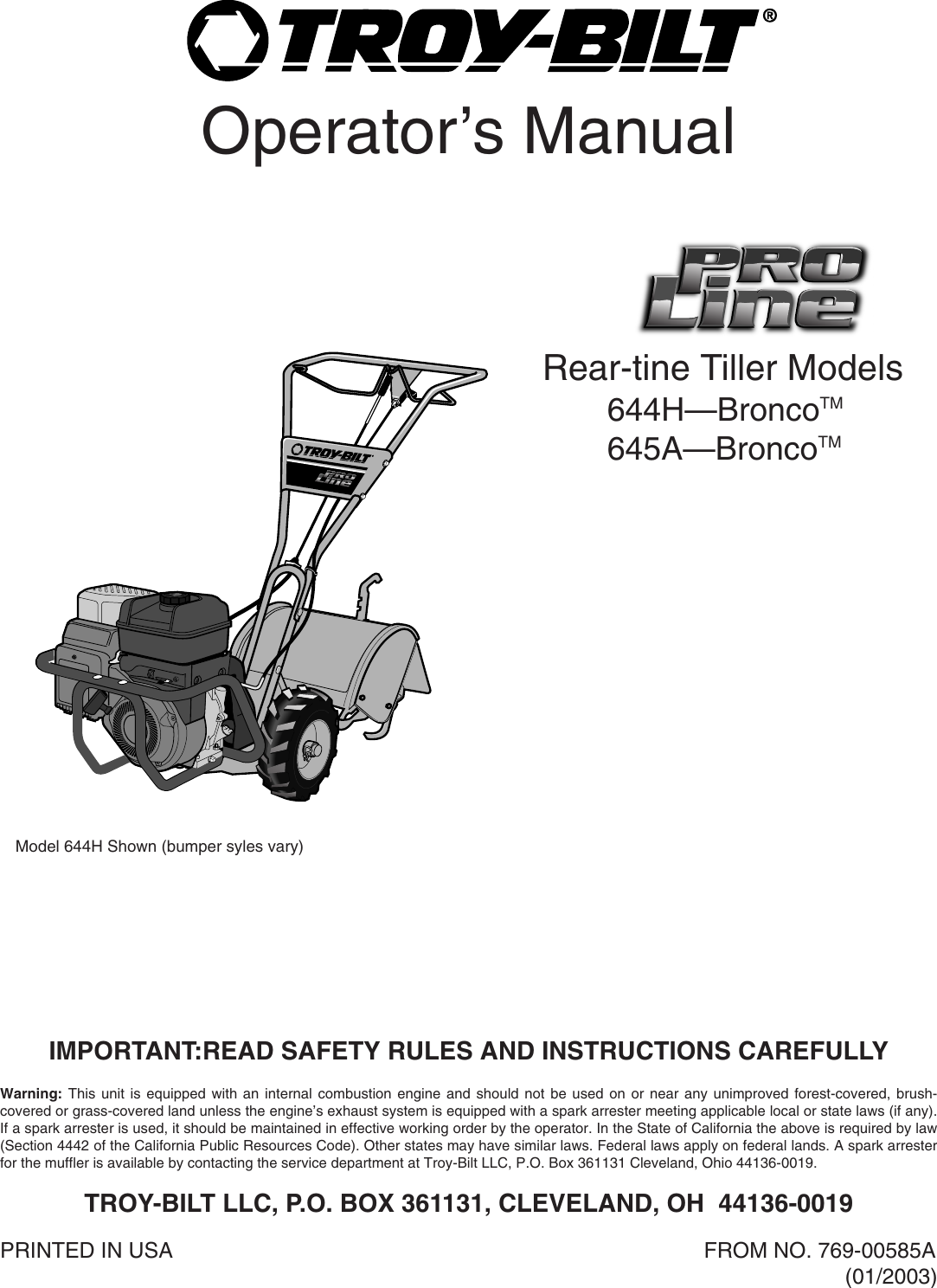 Troy Bilt 645a Bronco Users Manual 769 00585 21a 644h645a063 1878