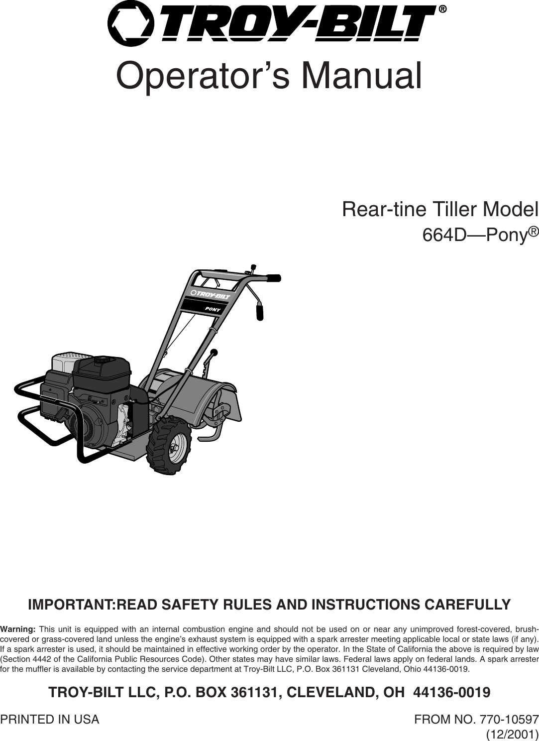 Troy Bilt 664D Pony Users Manual 770 10597 (21A 664D063)