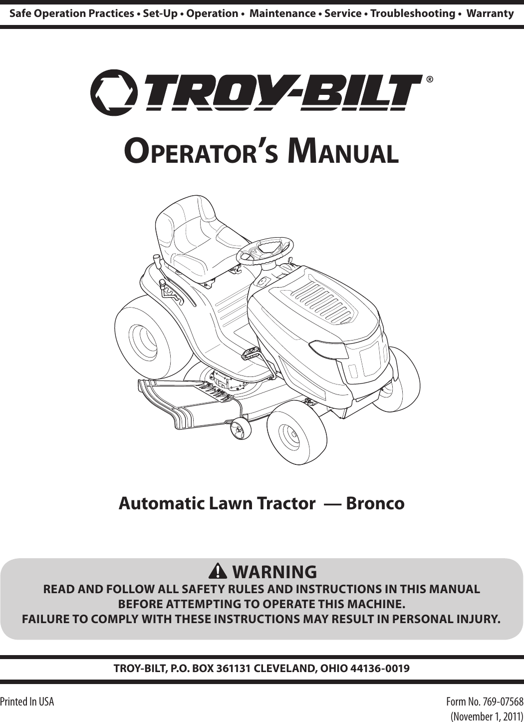 Troy Bilt Bronco Lawn Tractor Owner S Manual