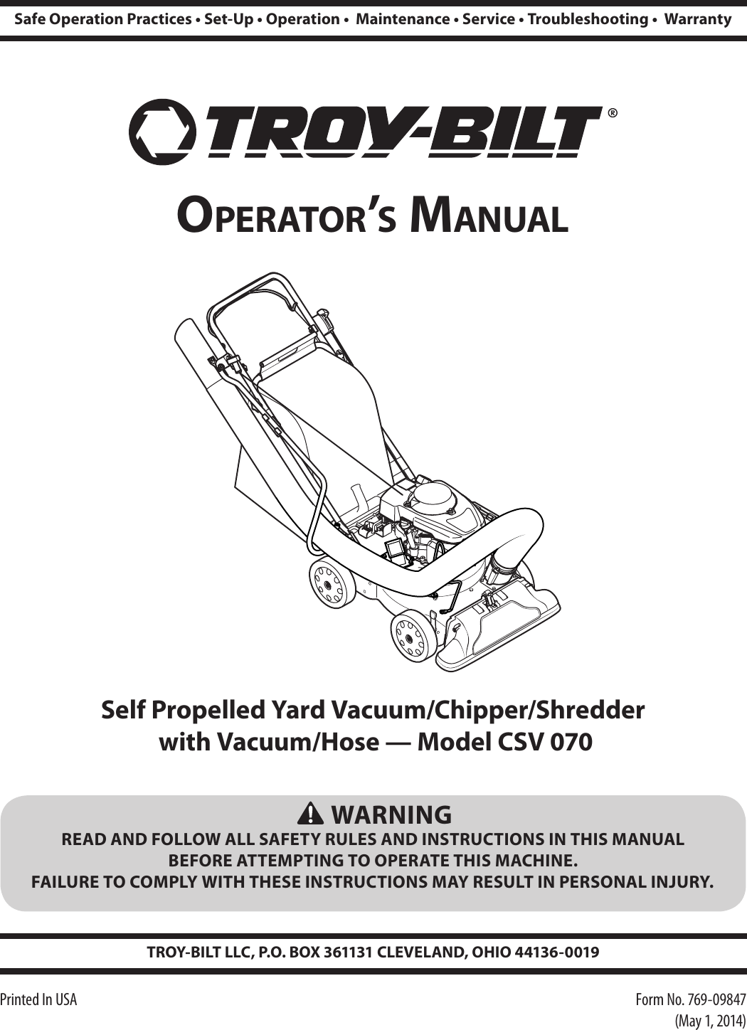 Troy Bilt Csv 070 Chipper Shredder Vac Users Manual