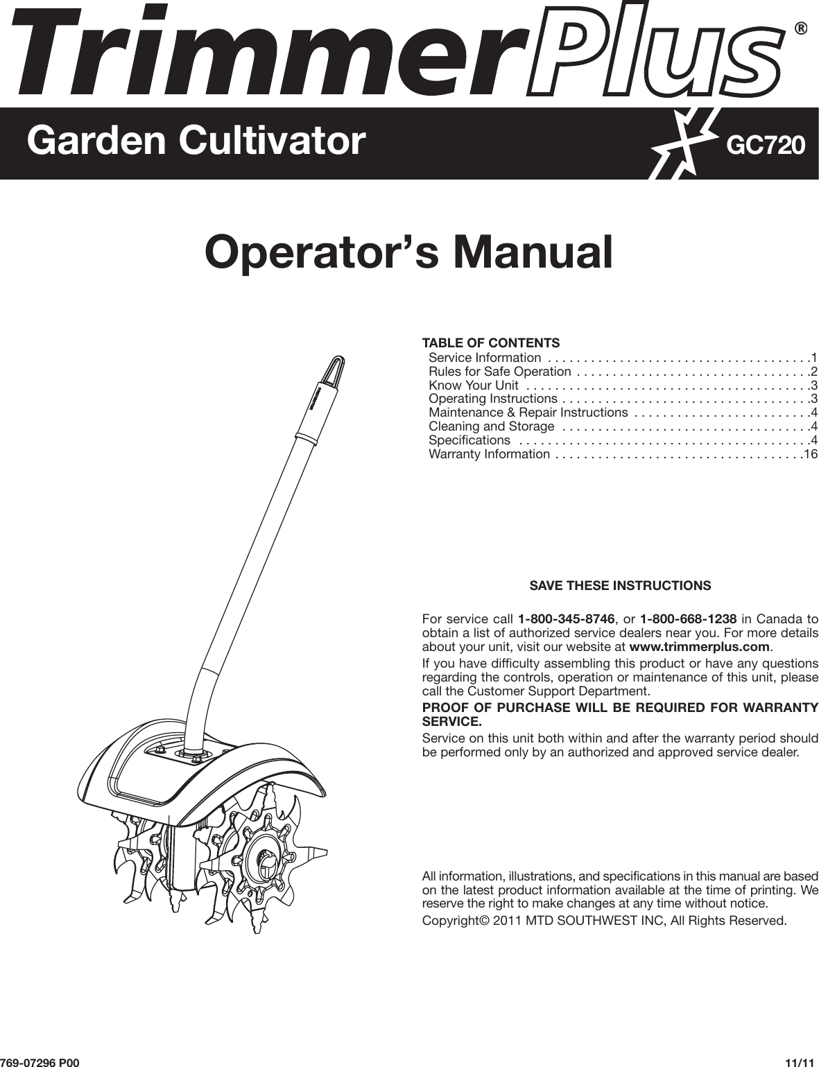 Troy Bilt Gc720 Trimmerplus Add On Cultivator Owner S Manual