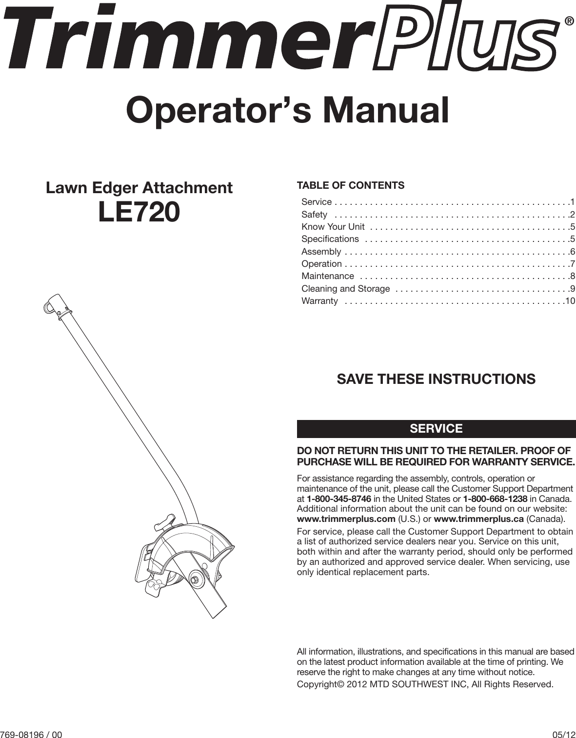 Troy Bilt Le720 Trimmerplus Add On Lawn Edger Owner S Manual 769 08196