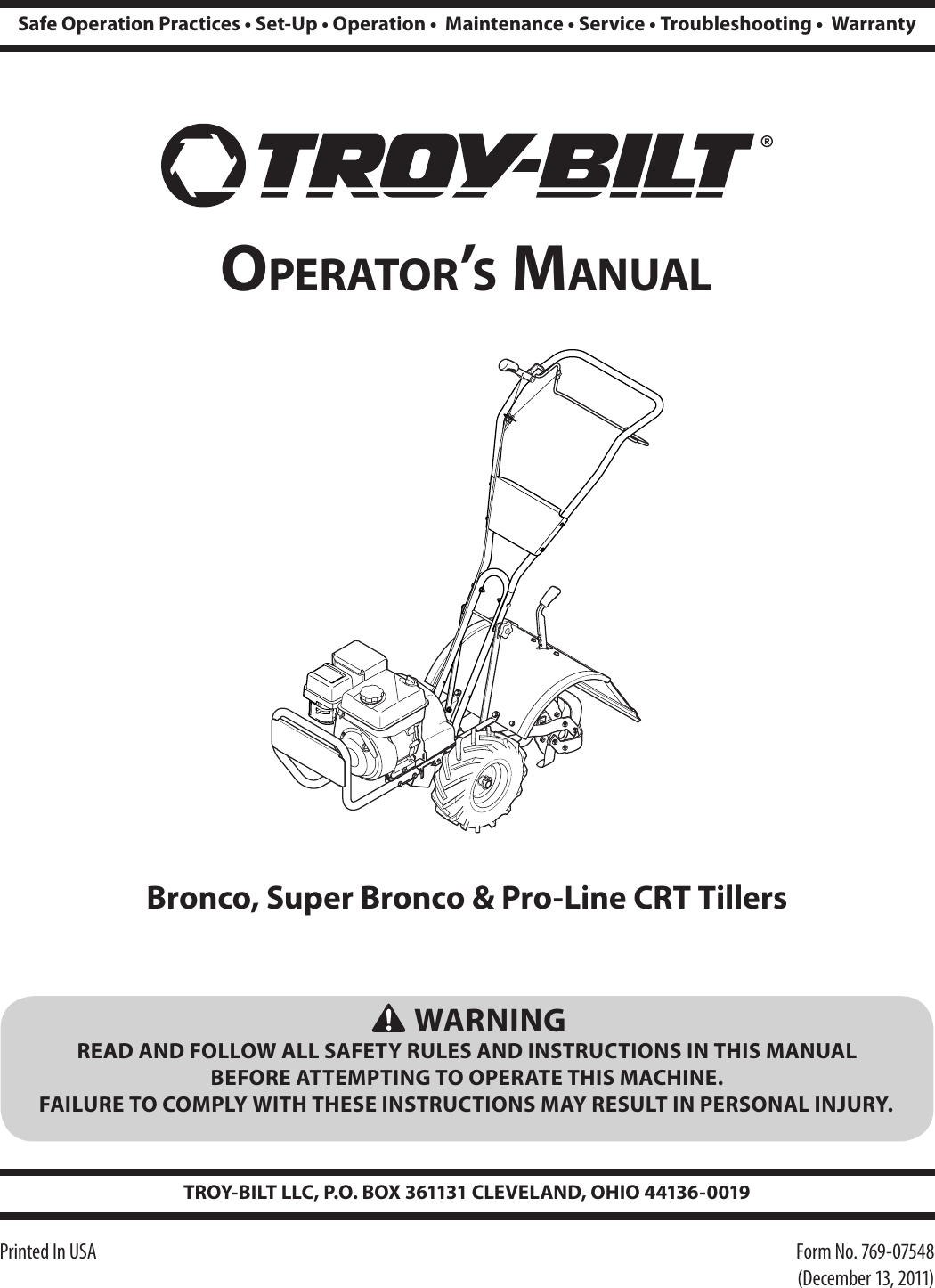 Troy Bilt Pro Line Crt Garden Tiller Owner S Manual