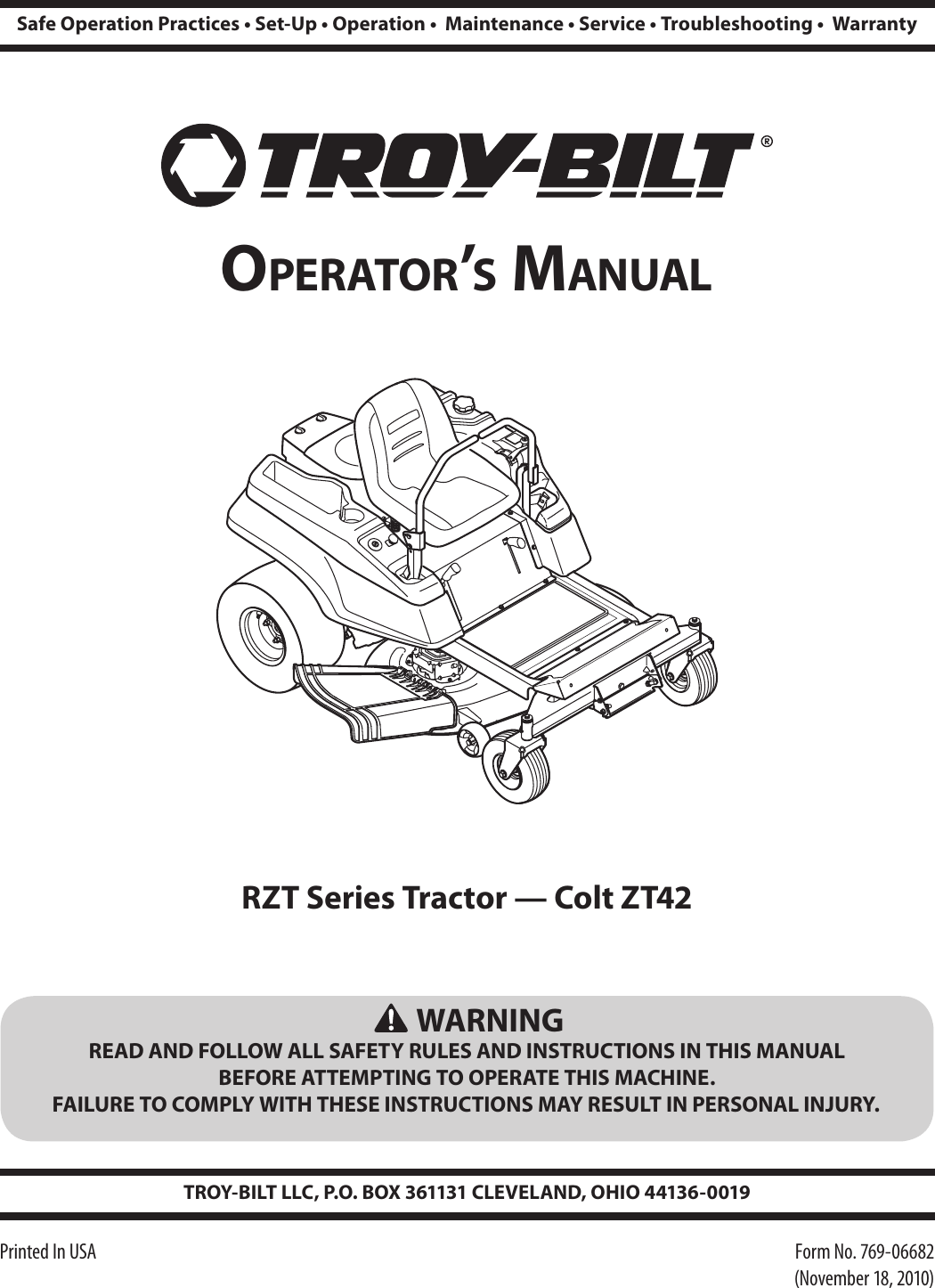 Troy Bilt Rzt Series Zt42 Users Manual