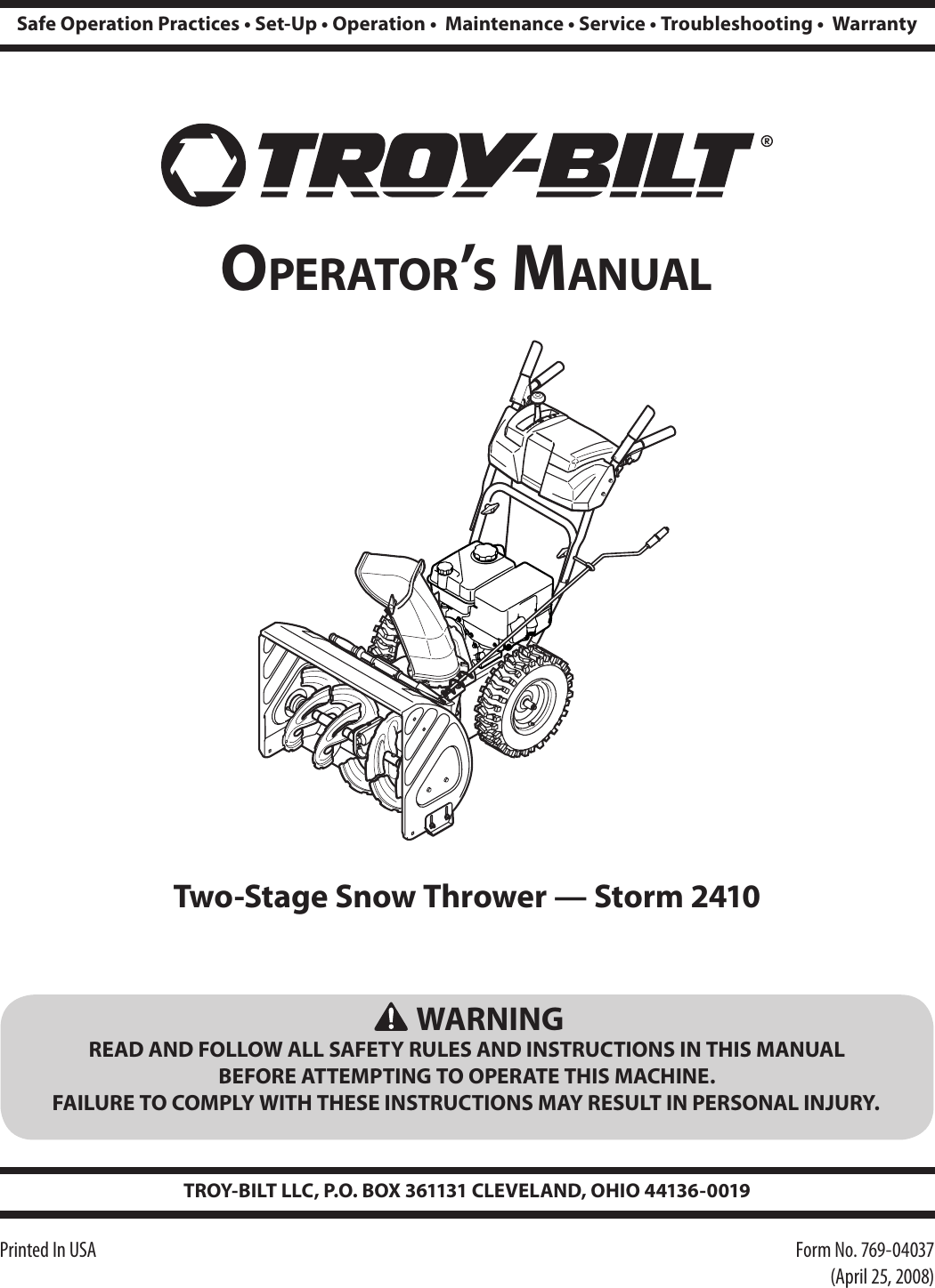 Troy Bilt Storm 2410 Users Manual