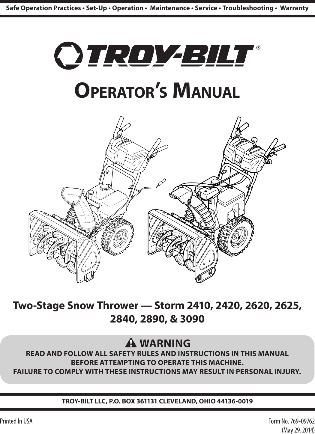 Troy Bilt Storm 2420 Snow Thrower Users Manual