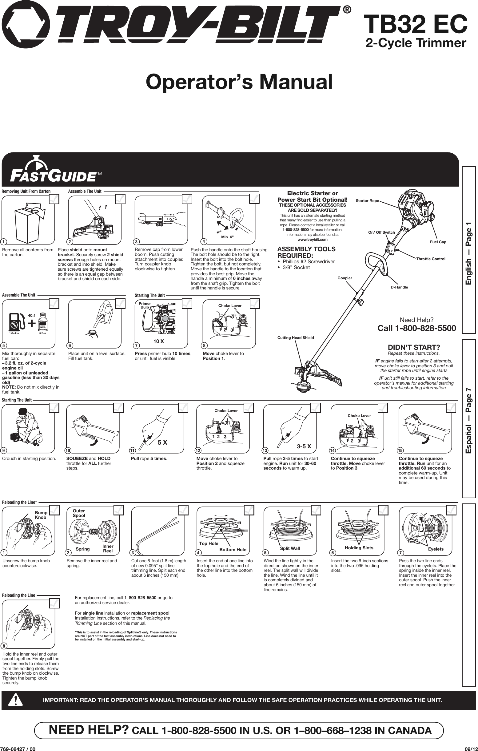 Troy Bilt Tb Ec Straight Shaft Gas String Trimmer Owner S Manual