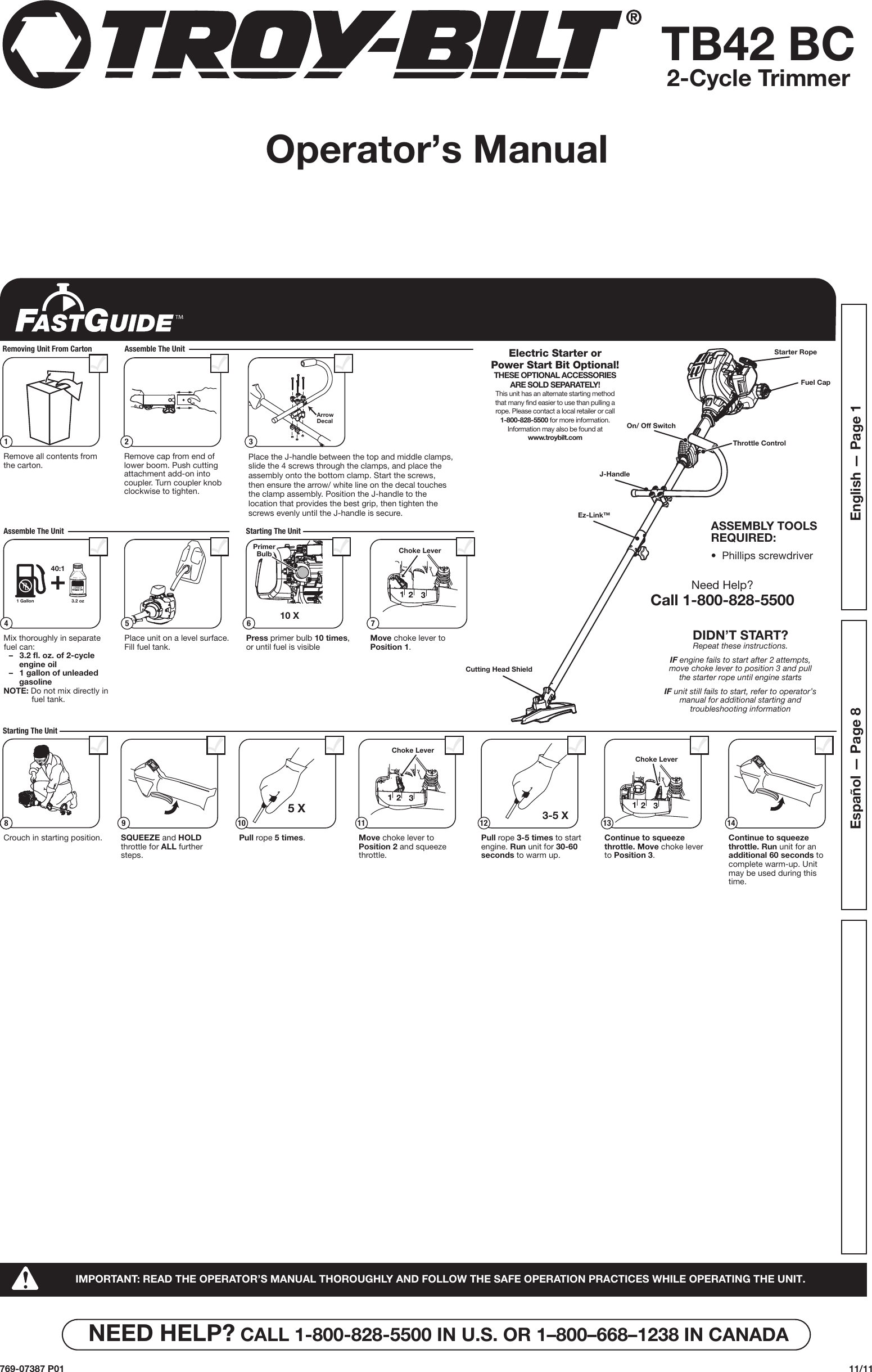 Troy Bilt Tb42 Bc Gas String Trimmer Brushcutter Owner S Manual BL100