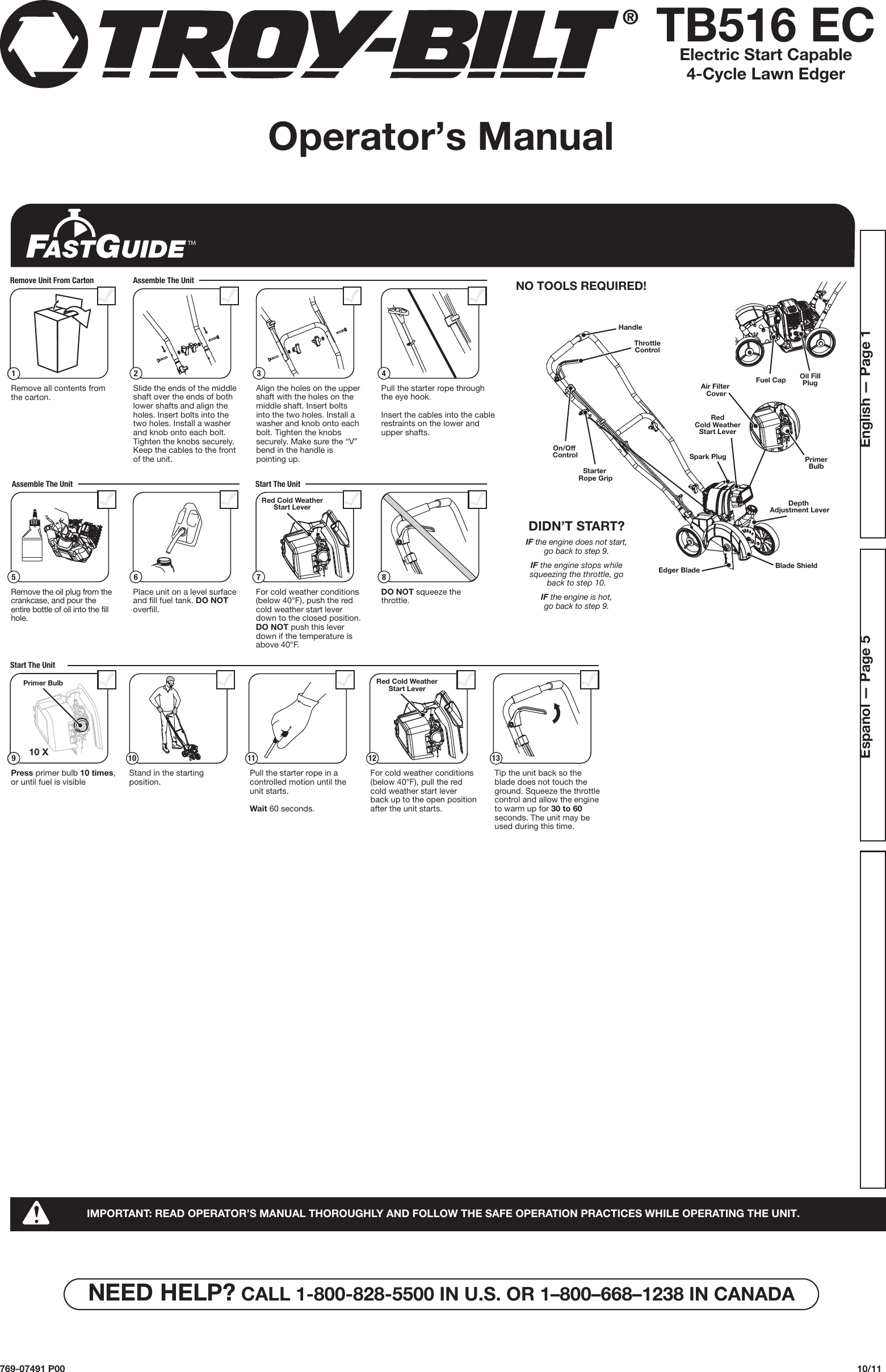 Page 1 of 12 - Troy-Bilt Troy-Bilt-Tb516-Ec-Lawn-Edger-Owner-S-Manual Tabloid