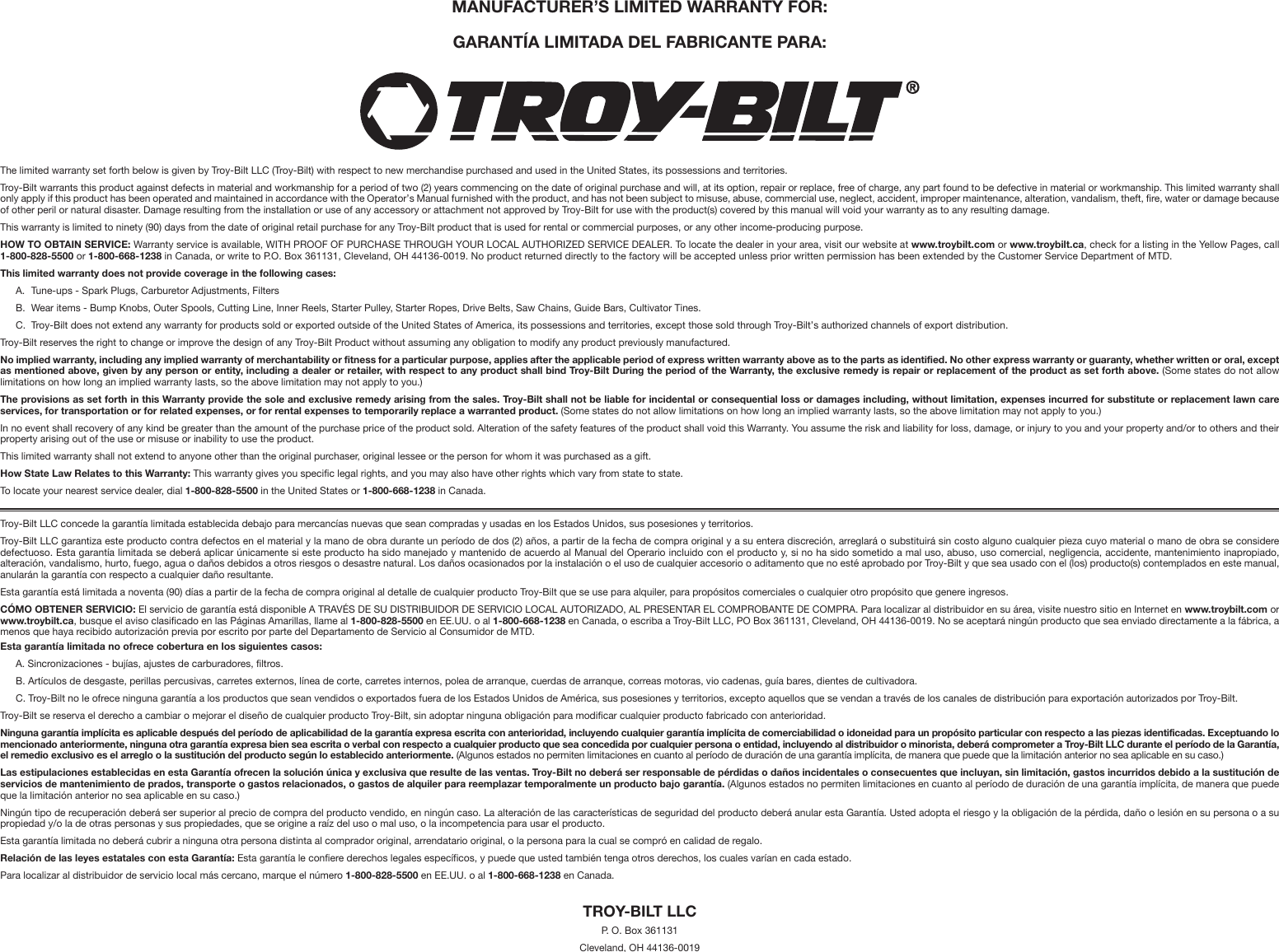 Page 12 of 12 - Troy-Bilt Troy-Bilt-Tb516-Ec-Lawn-Edger-Owner-S-Manual Tabloid