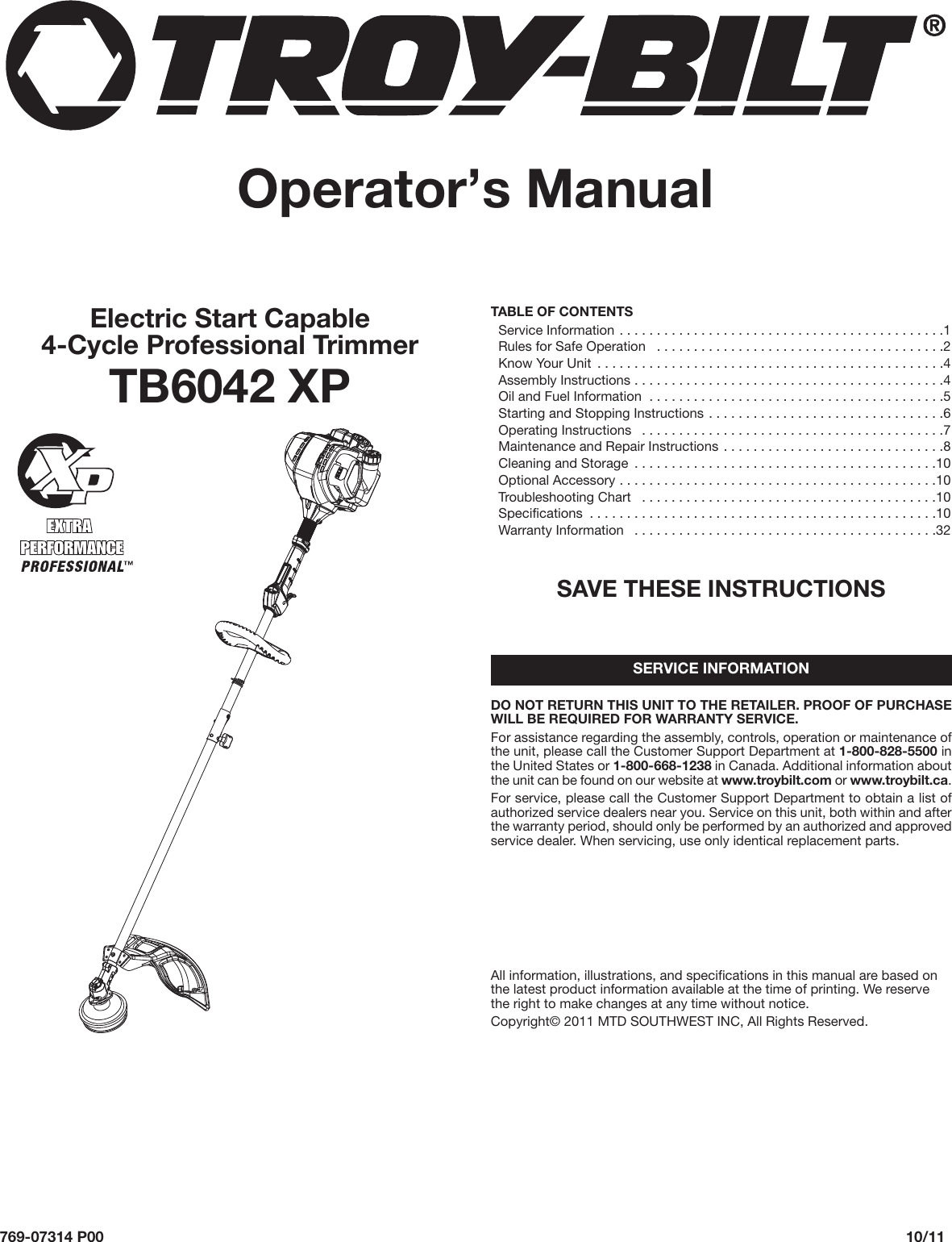 Troy Bilt Tb6042 Xp Straight Shaft Gas String Trimmer Users Manual 769