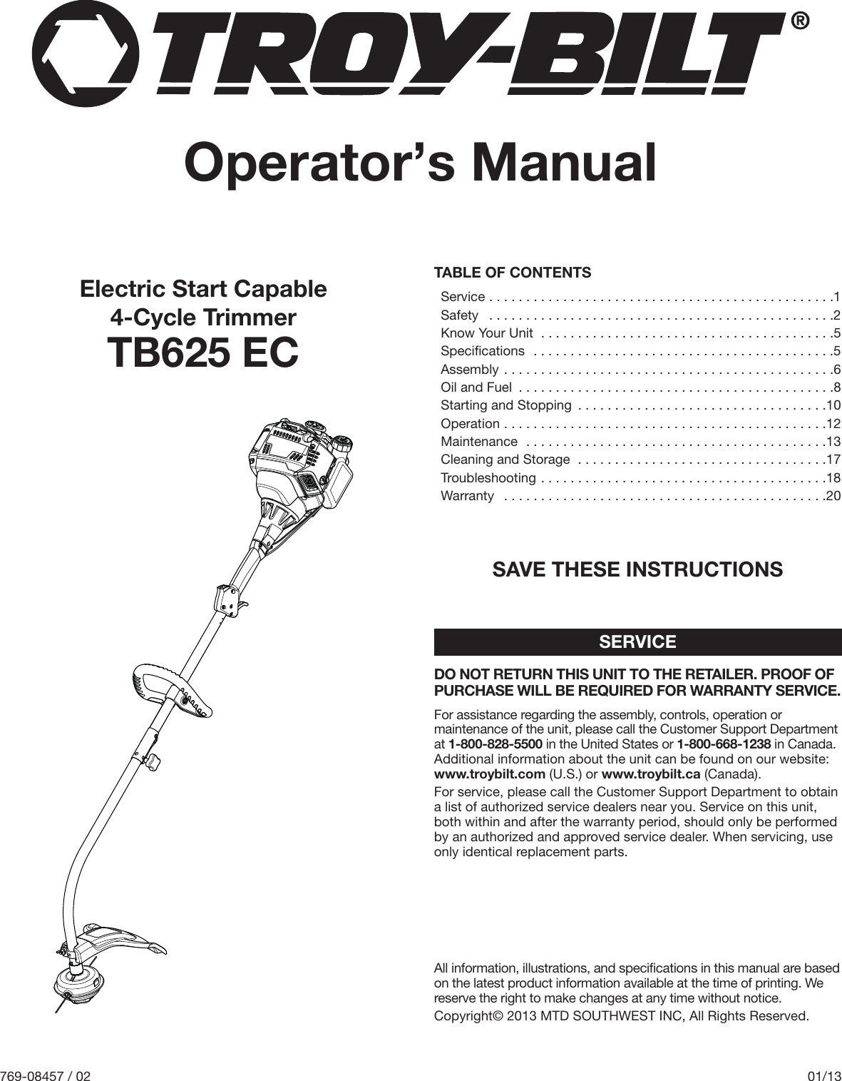 Troy Bilt Tb625 Ec Curve Shaft Gas String Trimmer Owner S Manual 769 ...